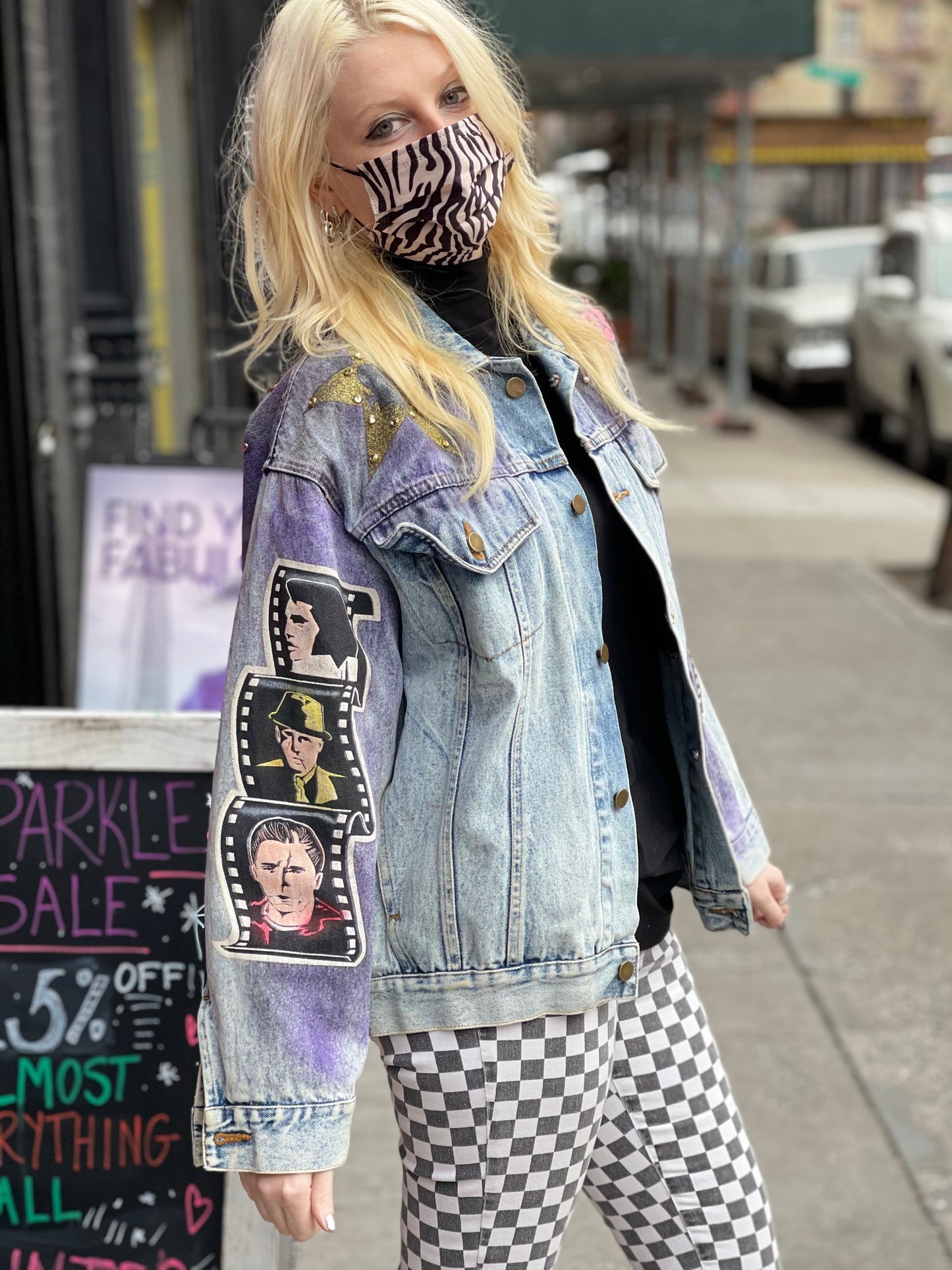 Vintage 80s Hand Painted and Bedazzled Fifties themed Jean Jacket - Spark Pretty