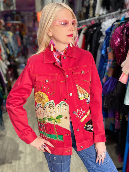 Vintage 90s Hollywood Theme Sequin Denim Jacket - Spark Pretty