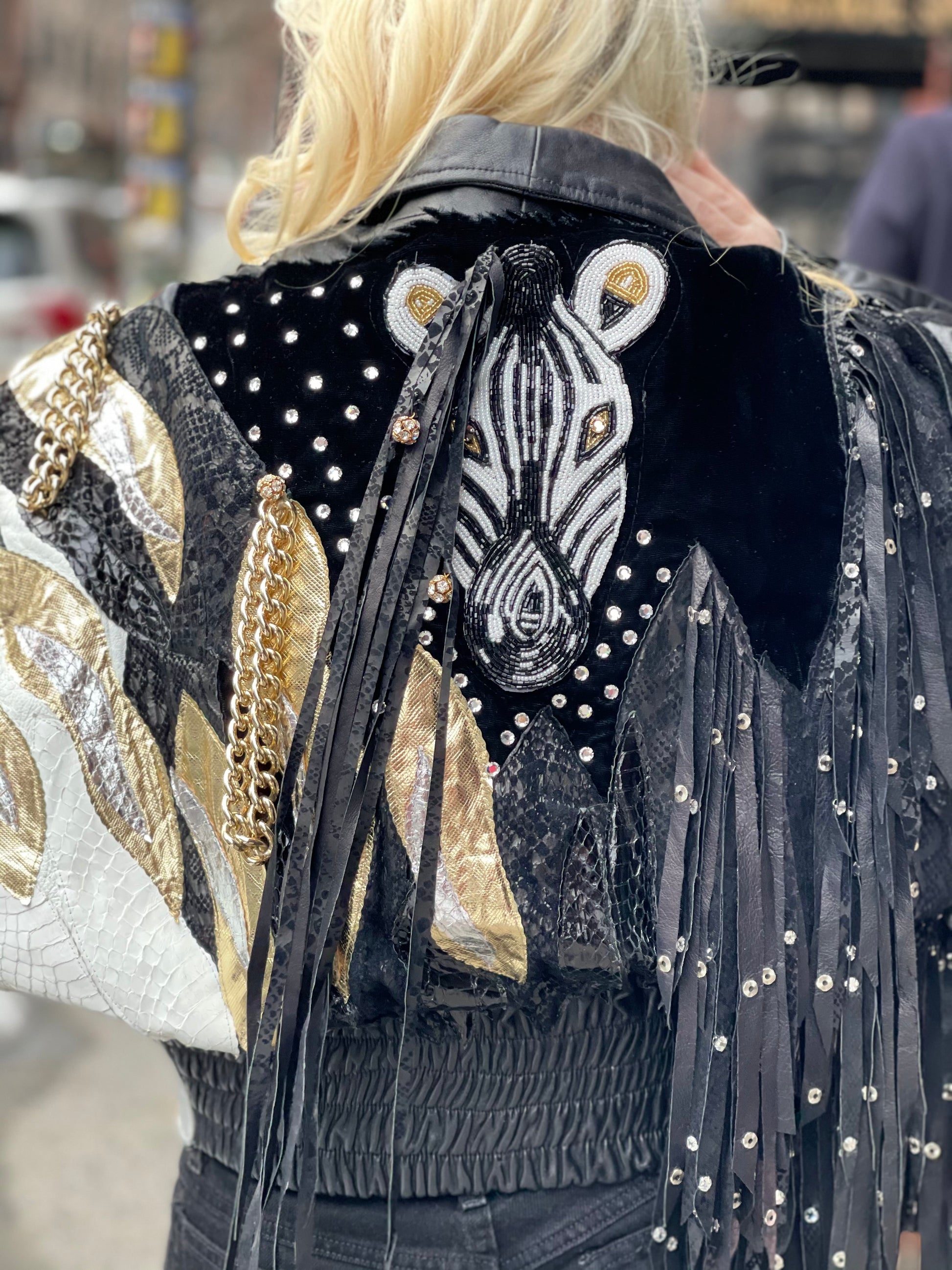 Vintage 80s Leather Fringe Metallic Rhinestone Sequin Zebra Jacket - Spark Pretty