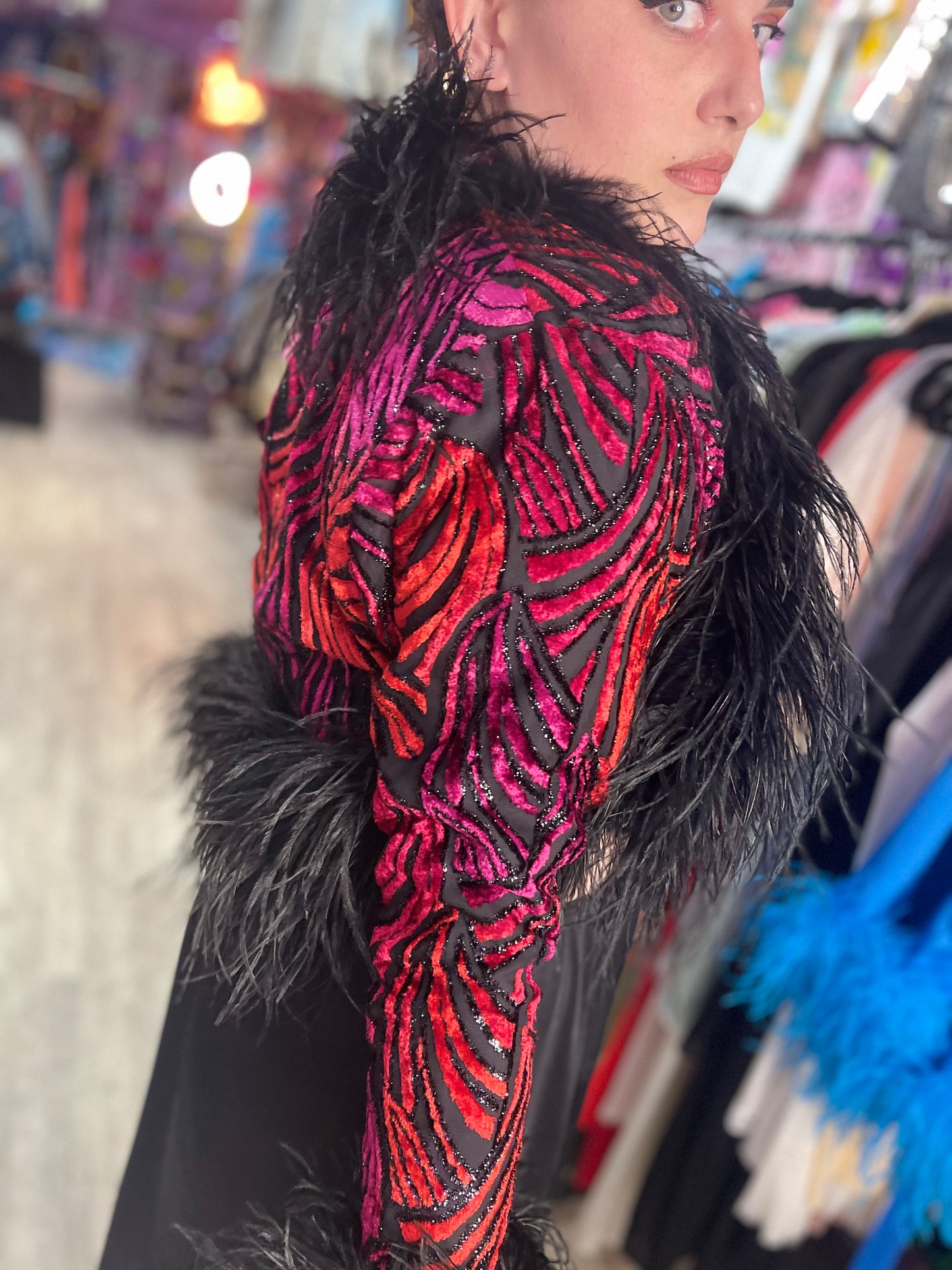 Vintage 70s 80s Feather Cuff Velvet Burnout Bolero Jacket - Spark Pretty
