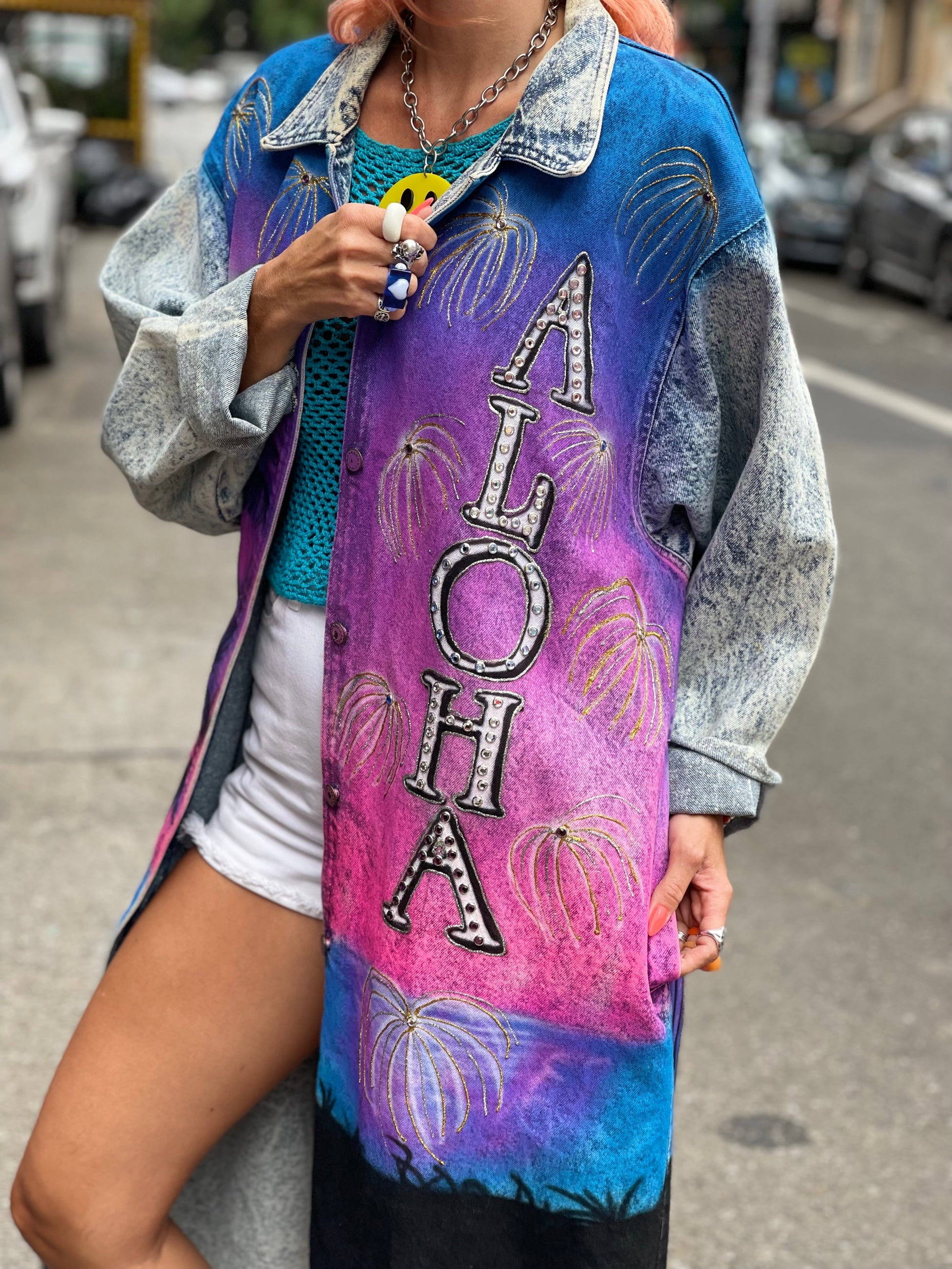 Vintage 80s Custom Airbrushed and Bedazzled Aloha Denim Coat - Spark Pretty