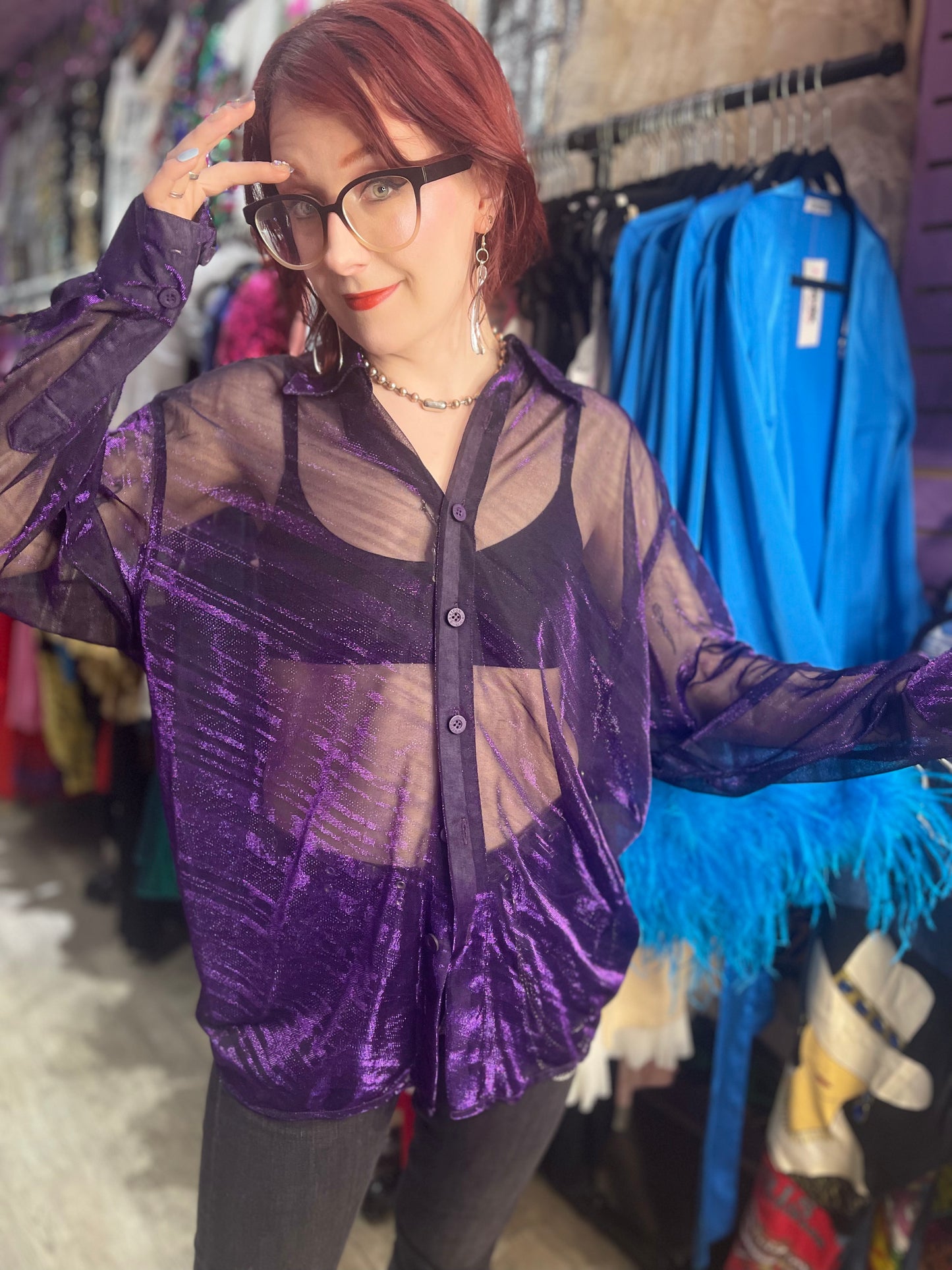 Vintage 90s Shiny Sparkly Sheer Purple Long Sleeve Shirt - Spark Pretty