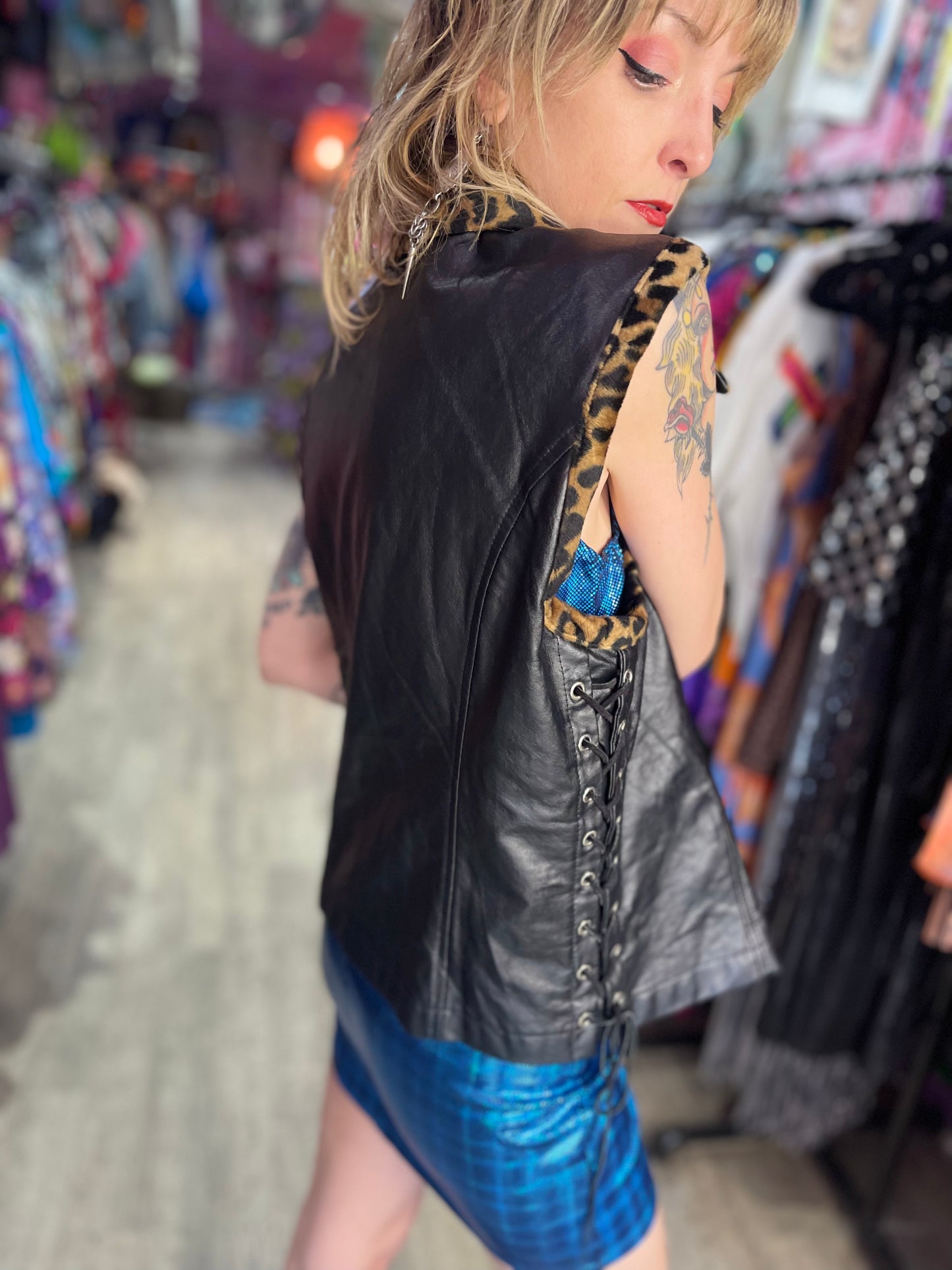 Vintage 90s Lip Service Faux Leather And Leopard Print Moto Vest - Spark Pretty