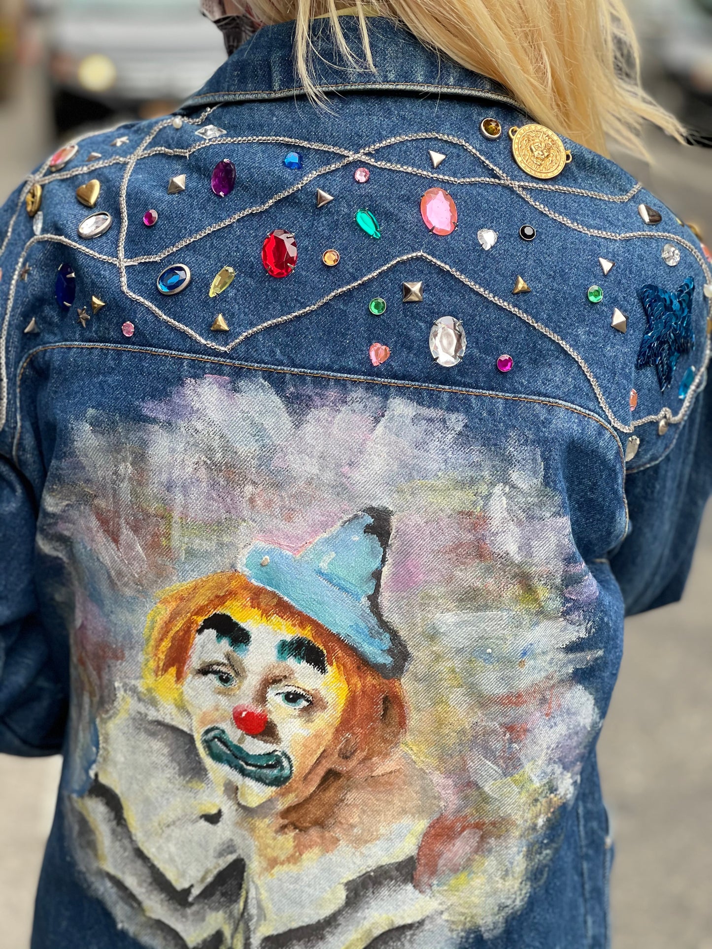 Vintage 80s Hand Painted Clown Bedazzled Jean Jacket - Spark Pretty