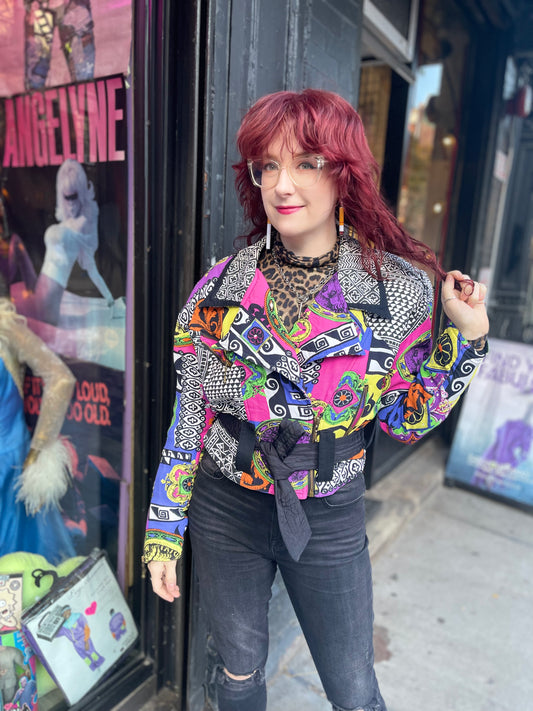 Vintage 90s Colorful Mix Print Belted Jacket - Spark Pretty