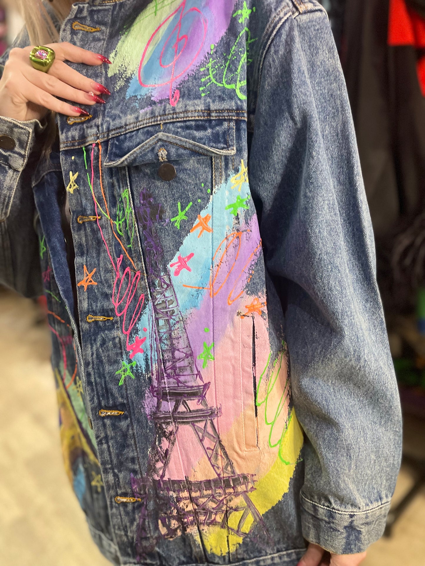 Vintage 90s Paris Cafe Themed Jean Jacket - Spark Pretty