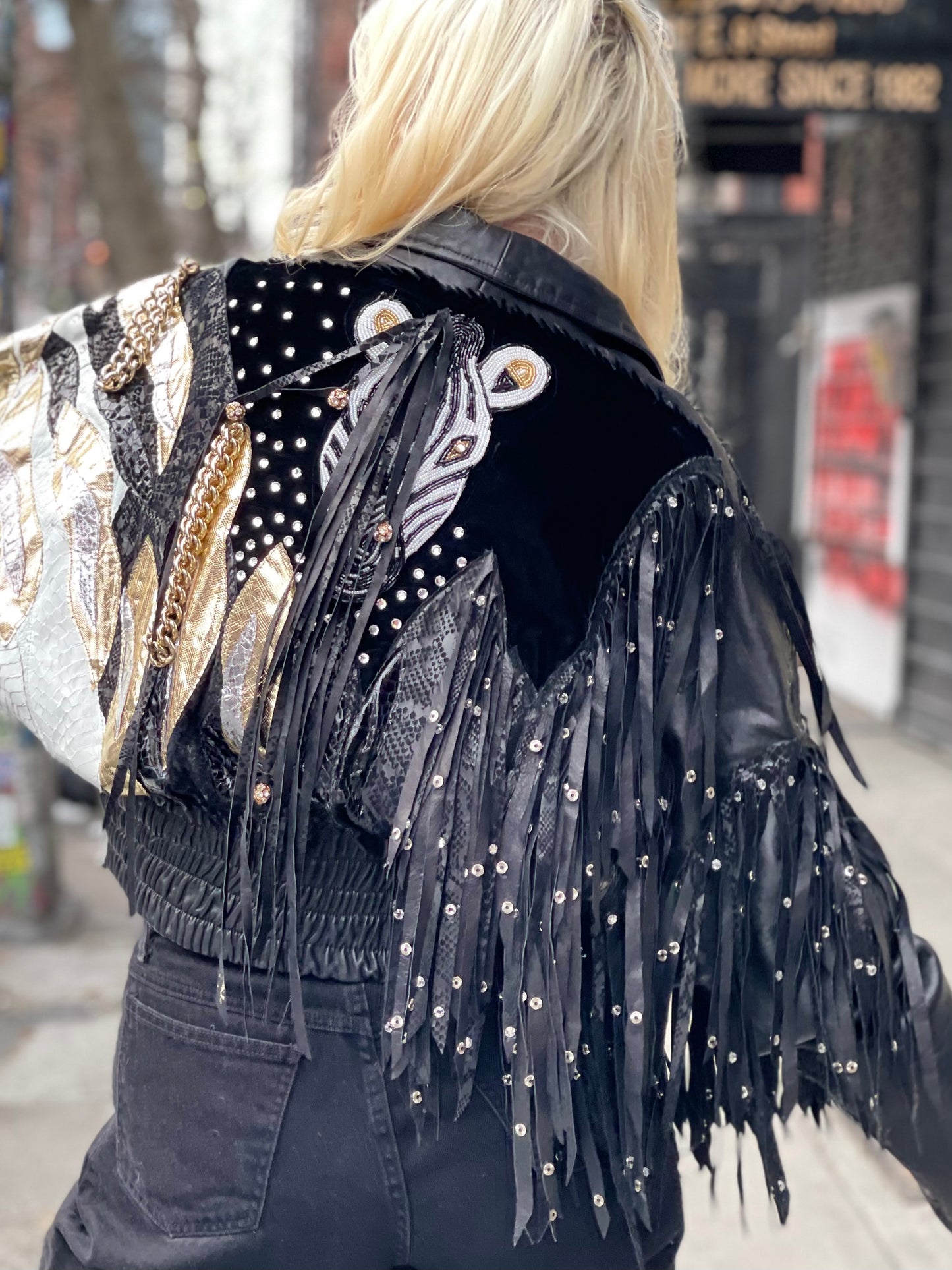 Vintage 80s Leather Fringe Metallic Rhinestone Sequin Zebra Jacket - Spark Pretty