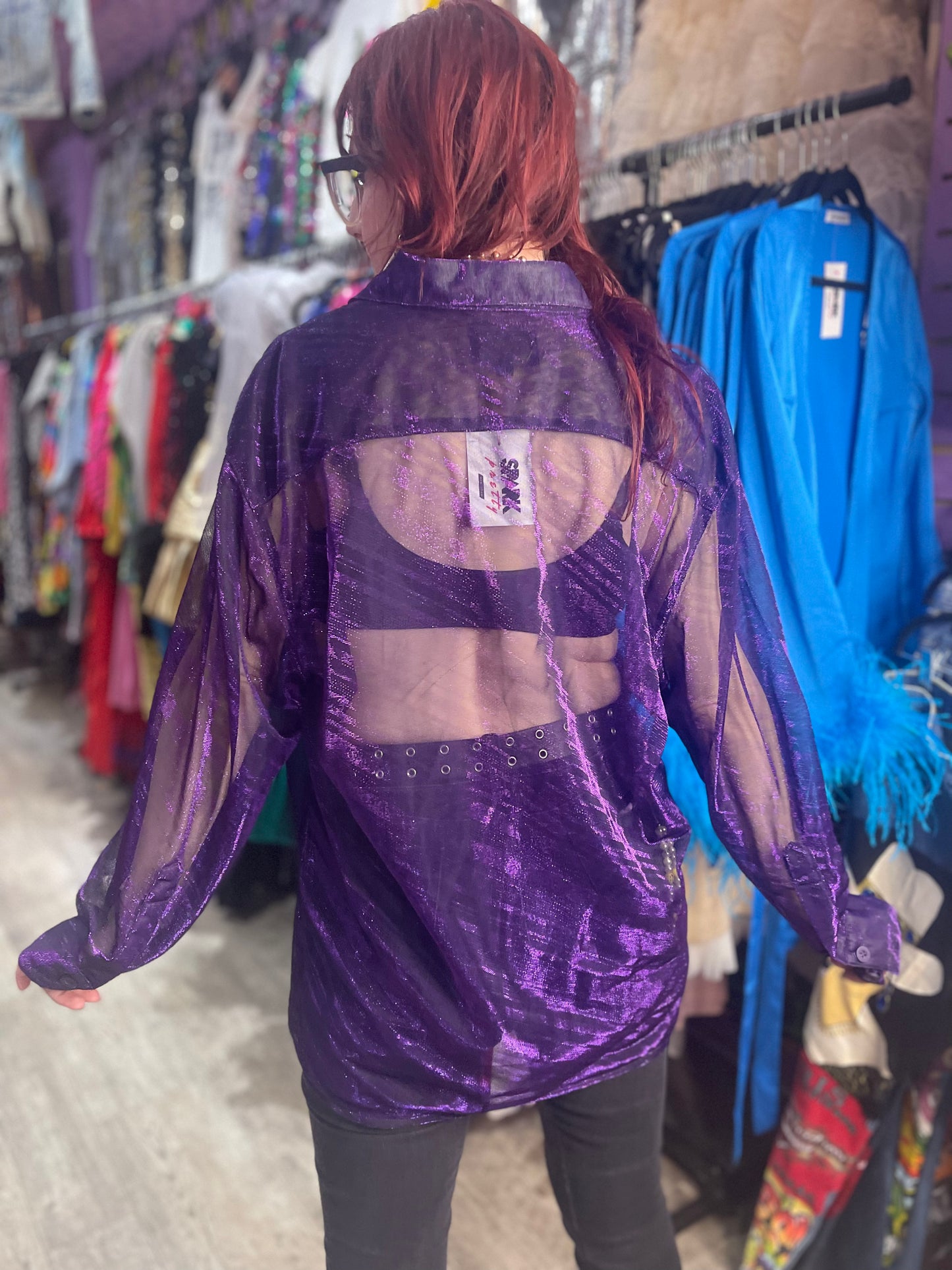 Vintage 90s Shiny Sparkly Sheer Purple Long Sleeve Shirt - Spark Pretty