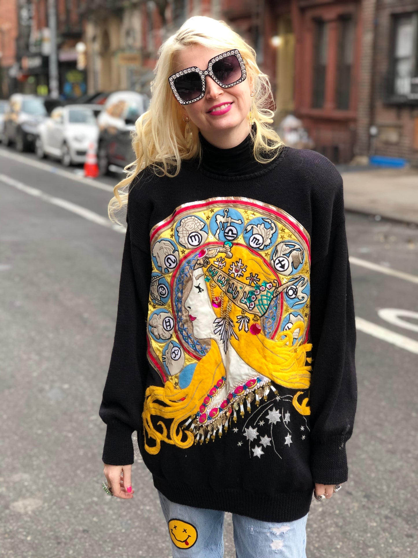 Vintage 80s Patchwork Bedazzled Astrology theme sweater - Spark Pretty