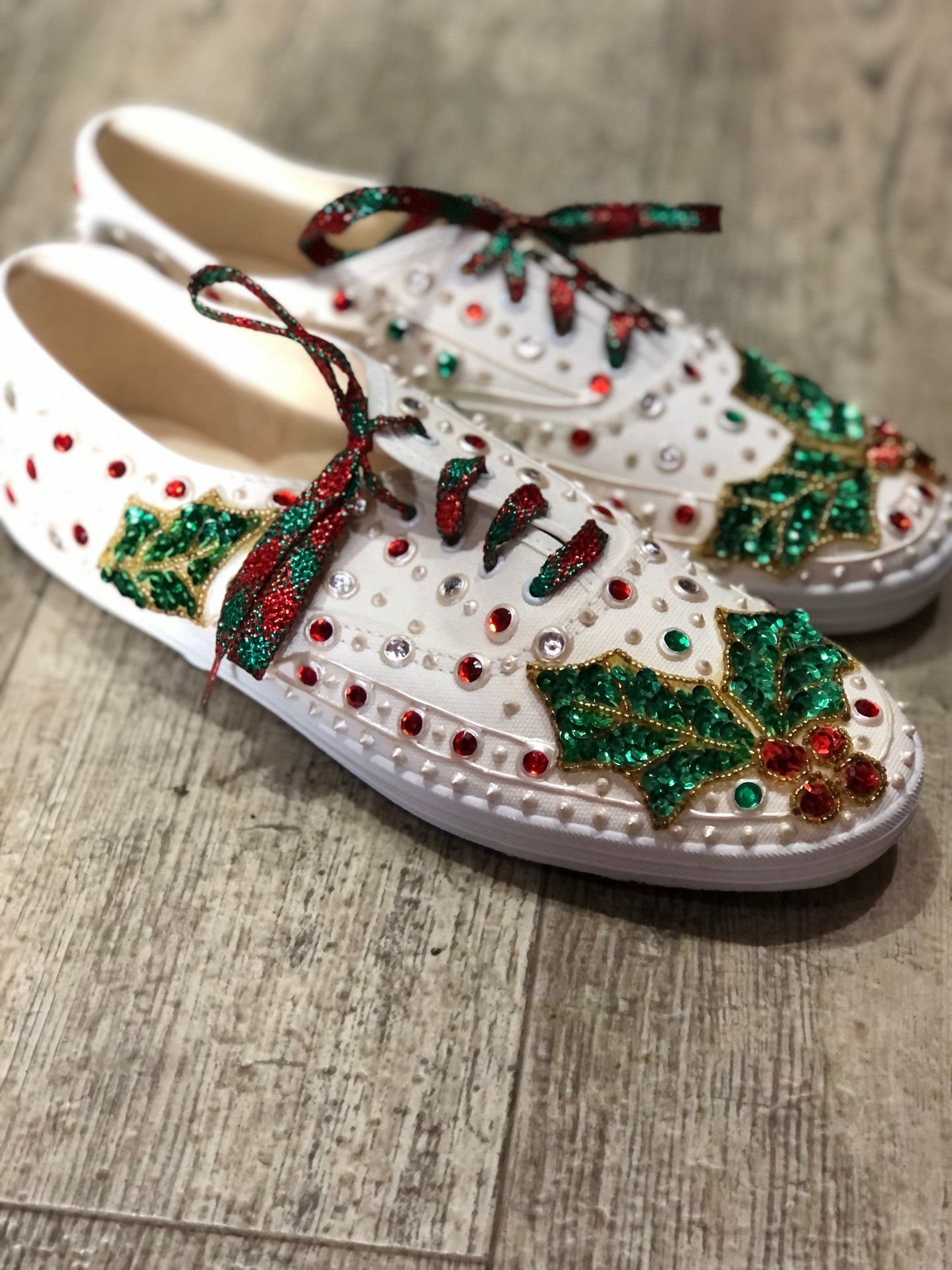 Vintage 80s Sequin Bedazzled Lace Up Christmas Sneakers Size 10 - Spark Pretty