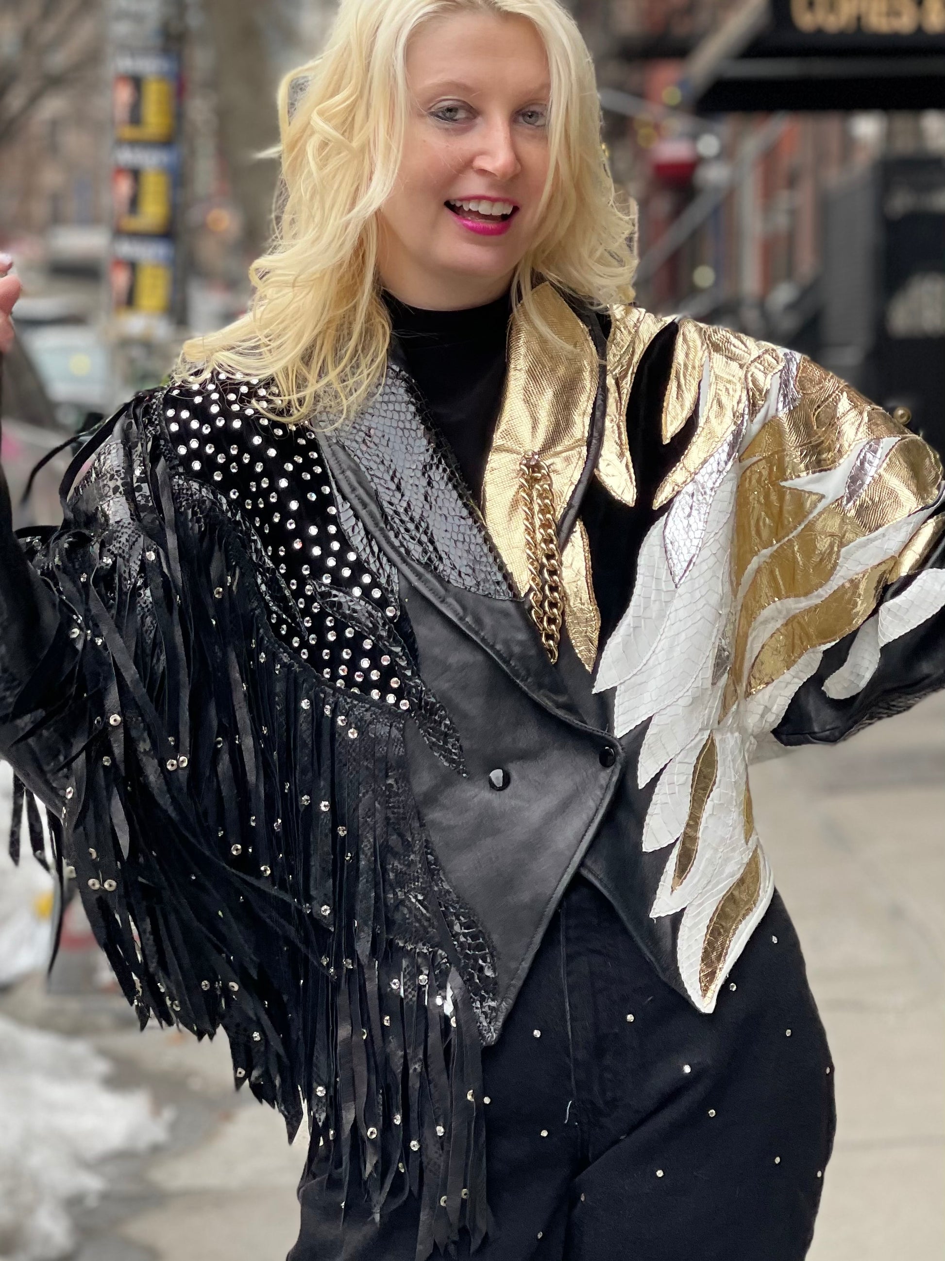Vintage 80s Leather Fringe Metallic Rhinestone Sequin Zebra Jacket - Spark Pretty