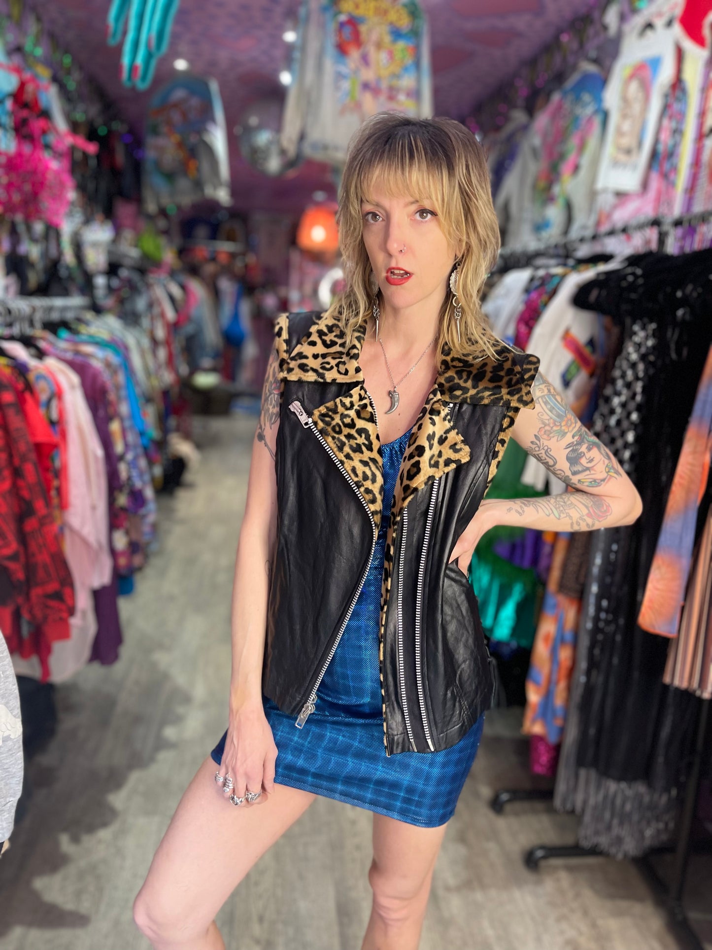 Vintage 90s Lip Service Faux Leather And Leopard Print Moto Vest - Spark Pretty