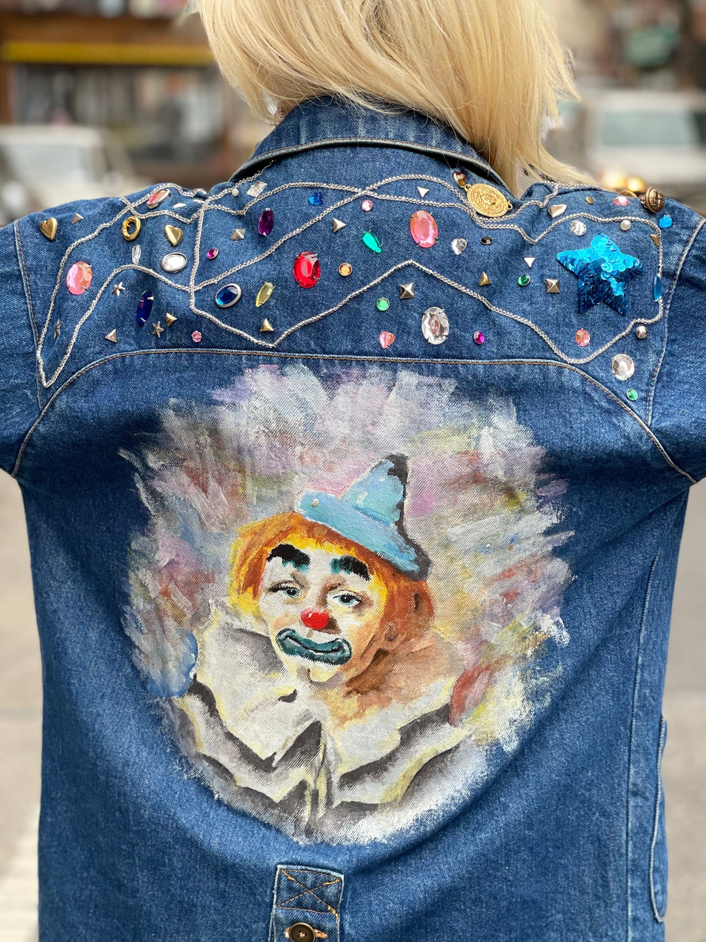 Vintage 80s Hand Painted Clown Bedazzled Jean Jacket - Spark Pretty