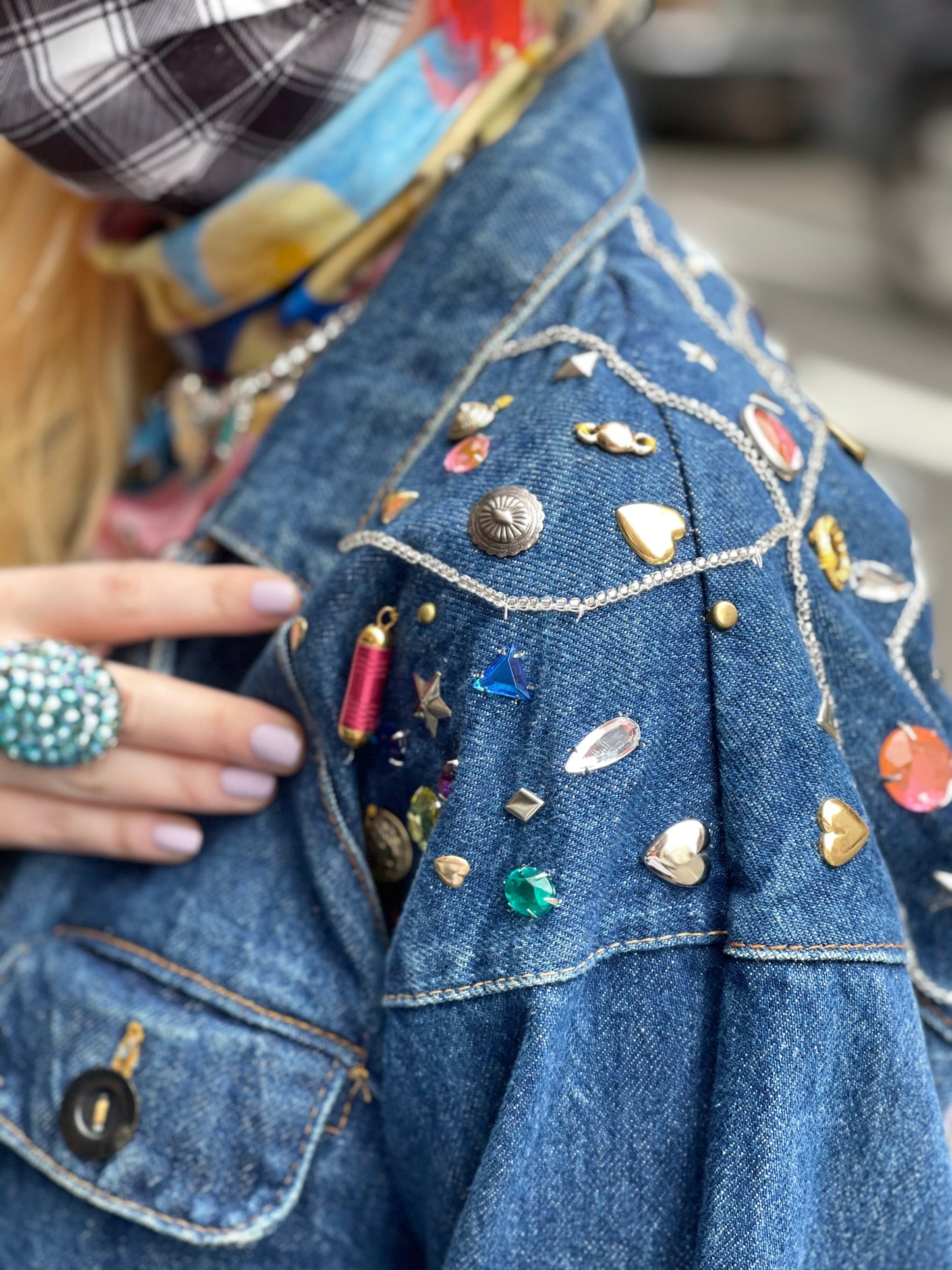 Vintage 80s Hand Painted Clown Bedazzled Jean Jacket - Spark Pretty