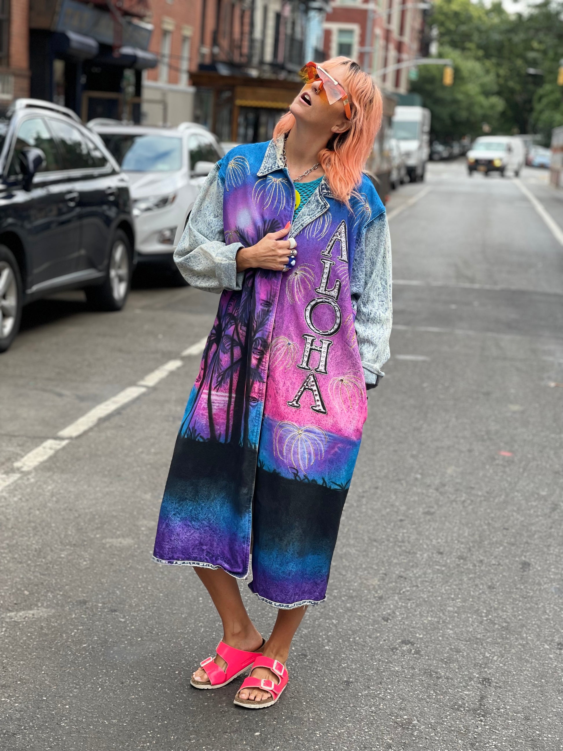 Vintage 80s Custom Airbrushed and Bedazzled Aloha Denim Coat - Spark Pretty