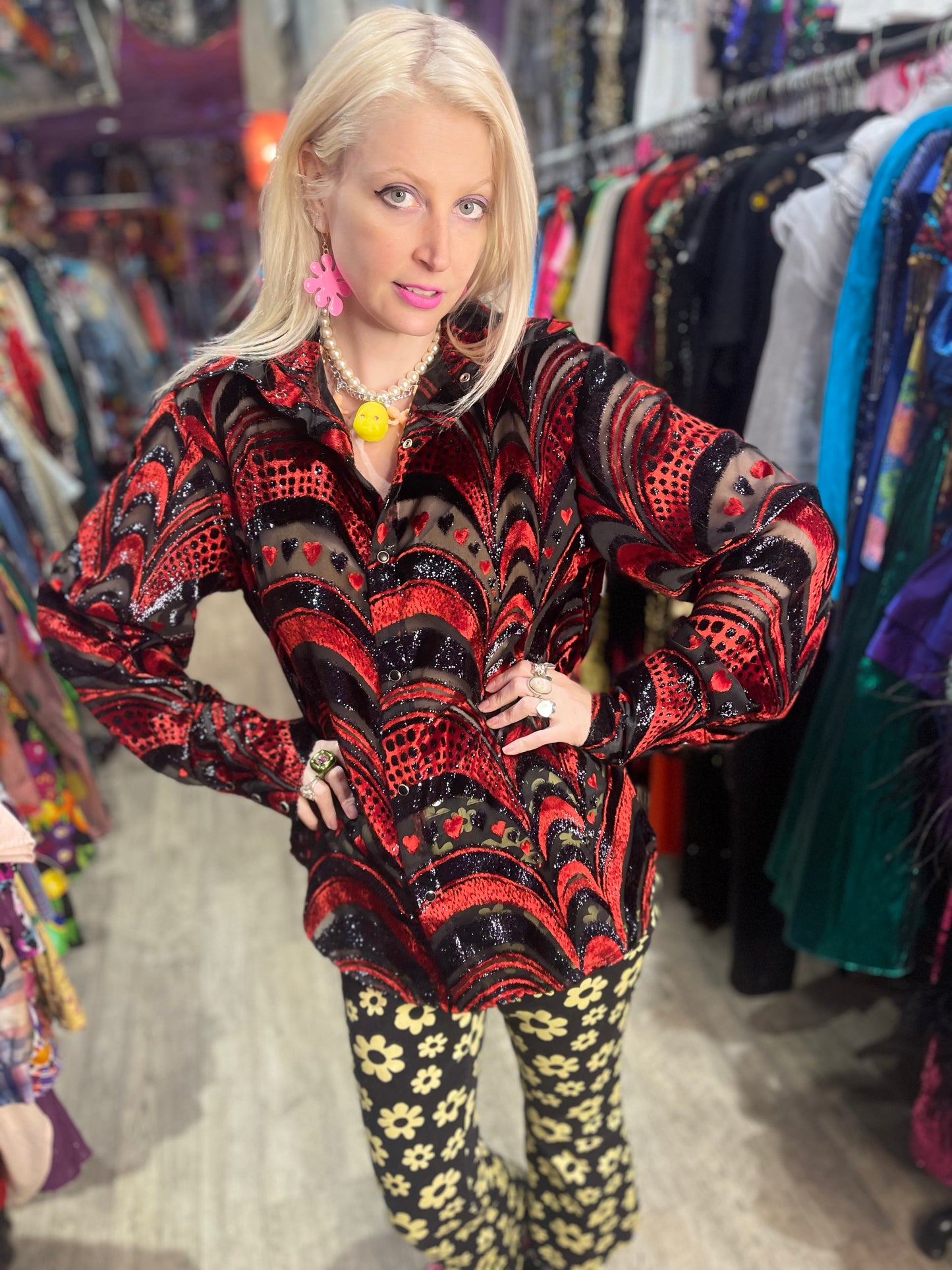 Vintage 90s Red and Black Burnout Hearts Shirt - Spark Pretty