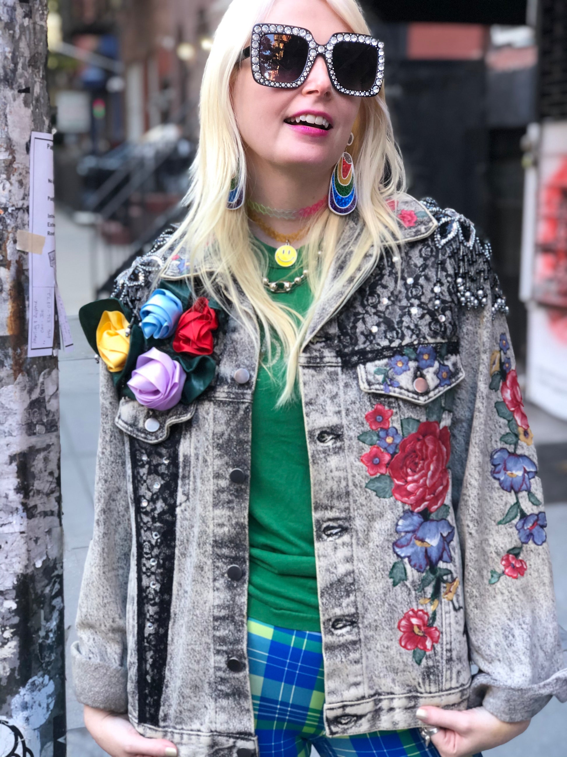 Vintage 80s One of a Kind Patchwork Bedazzled Acid Wash Jean Jacket - Spark Pretty