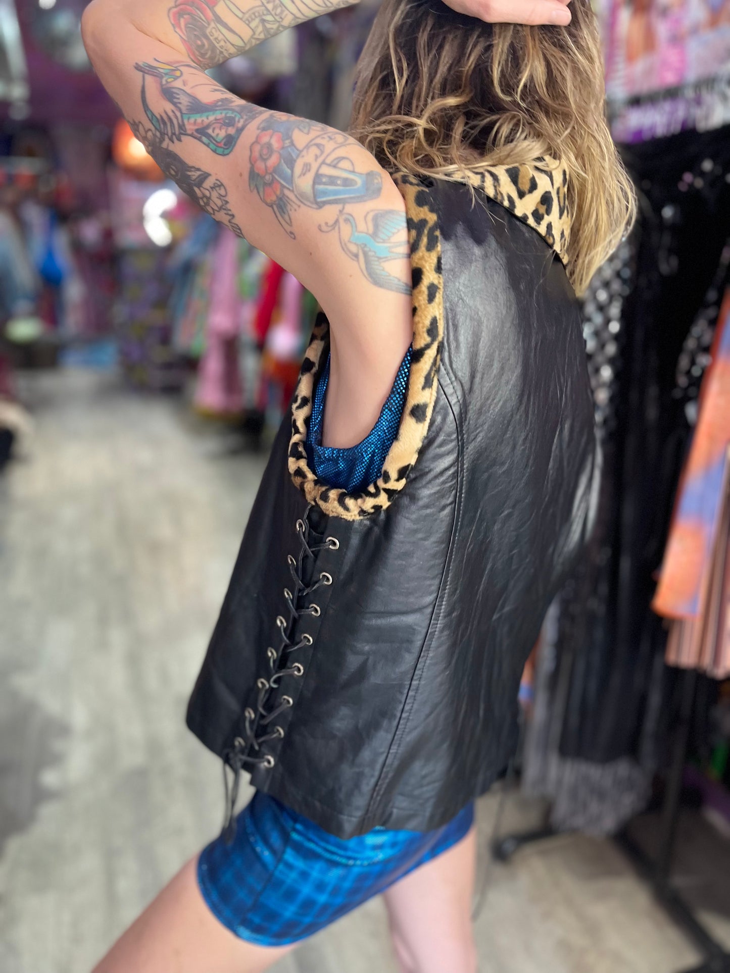 Vintage 90s Lip Service Faux Leather And Leopard Print Moto Vest - Spark Pretty