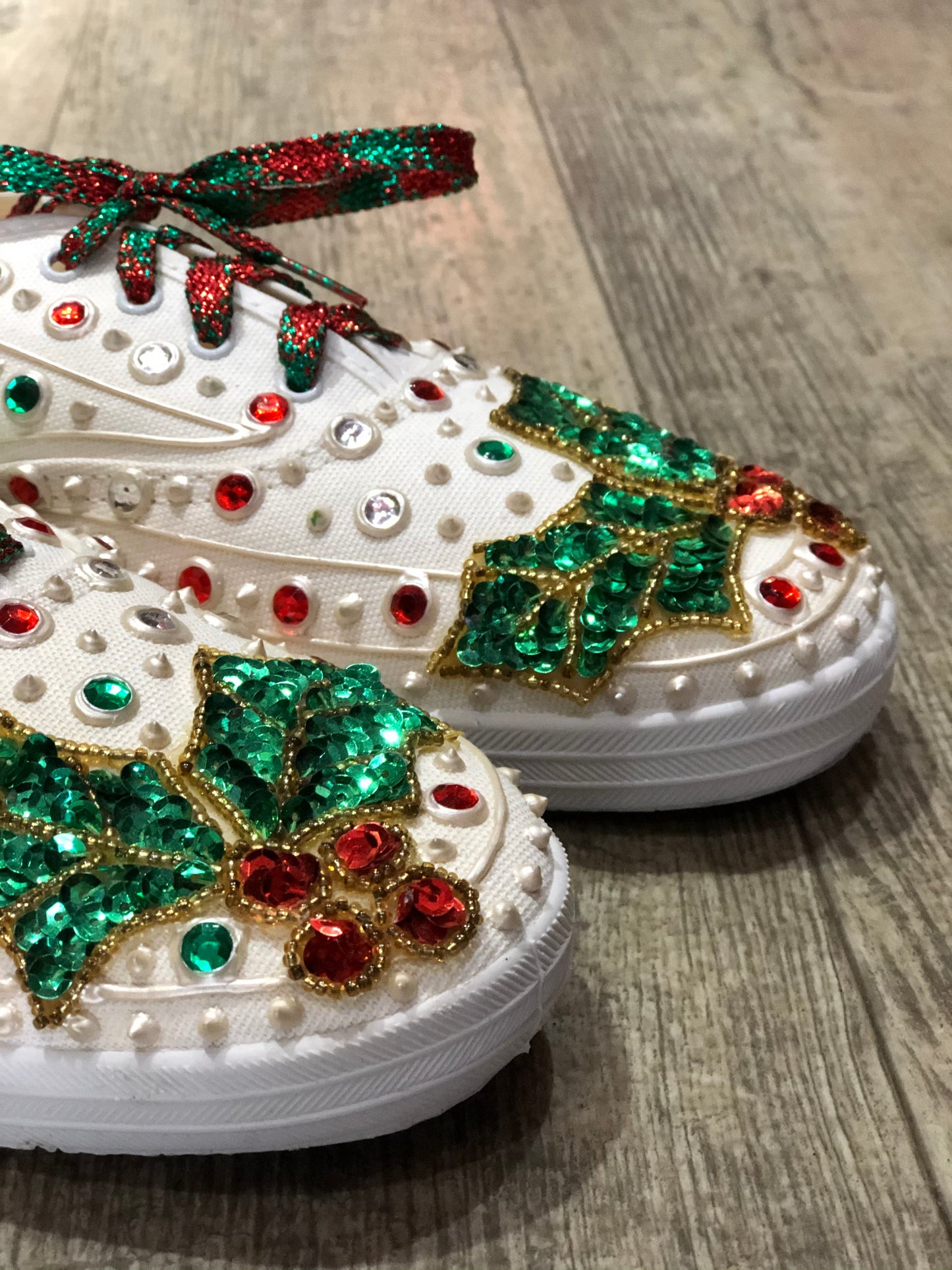 Vintage 80s Sequin Bedazzled Lace Up Christmas Sneakers Size 10 - Spark Pretty