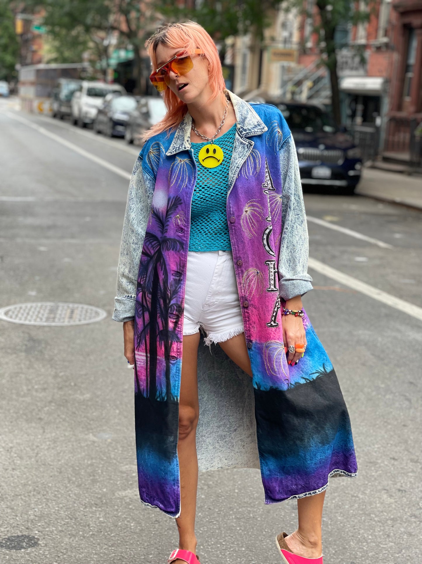 Vintage 80s Custom Airbrushed and Bedazzled Aloha Denim Coat - Spark Pretty