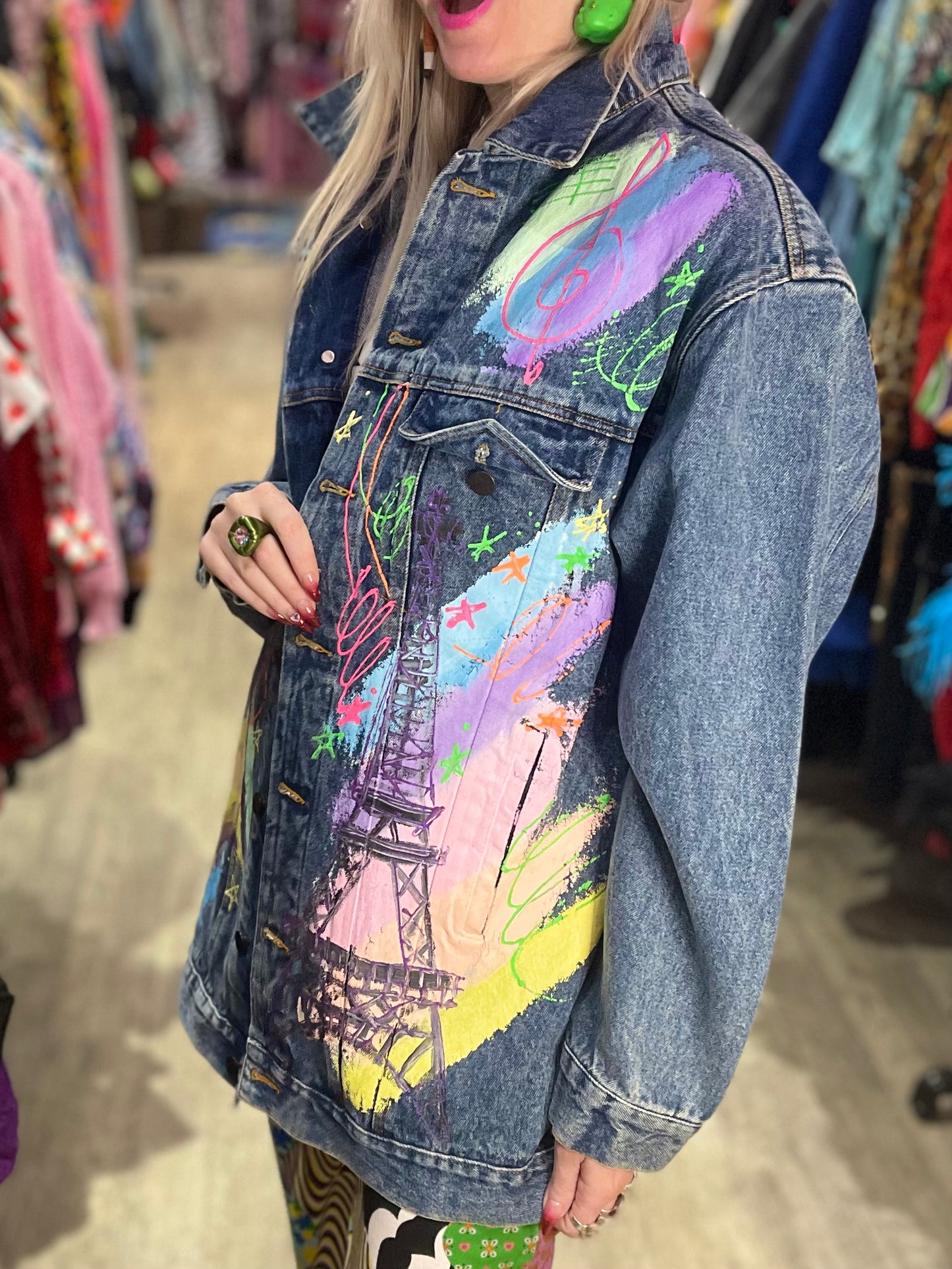 Vintage 90s Paris Cafe Themed Jean Jacket - Spark Pretty