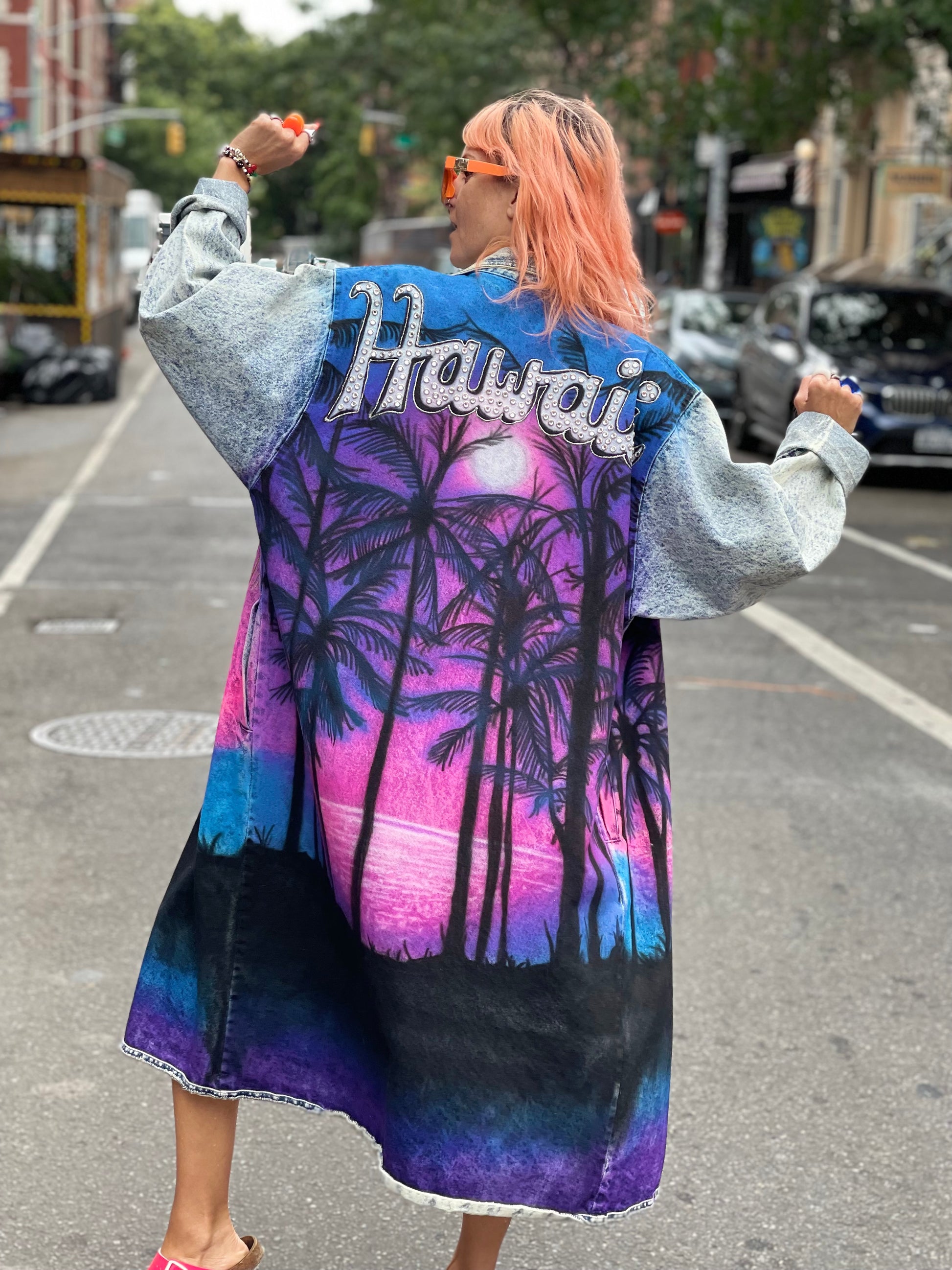 Vintage 80s Custom Airbrushed and Bedazzled Aloha Denim Coat - Spark Pretty