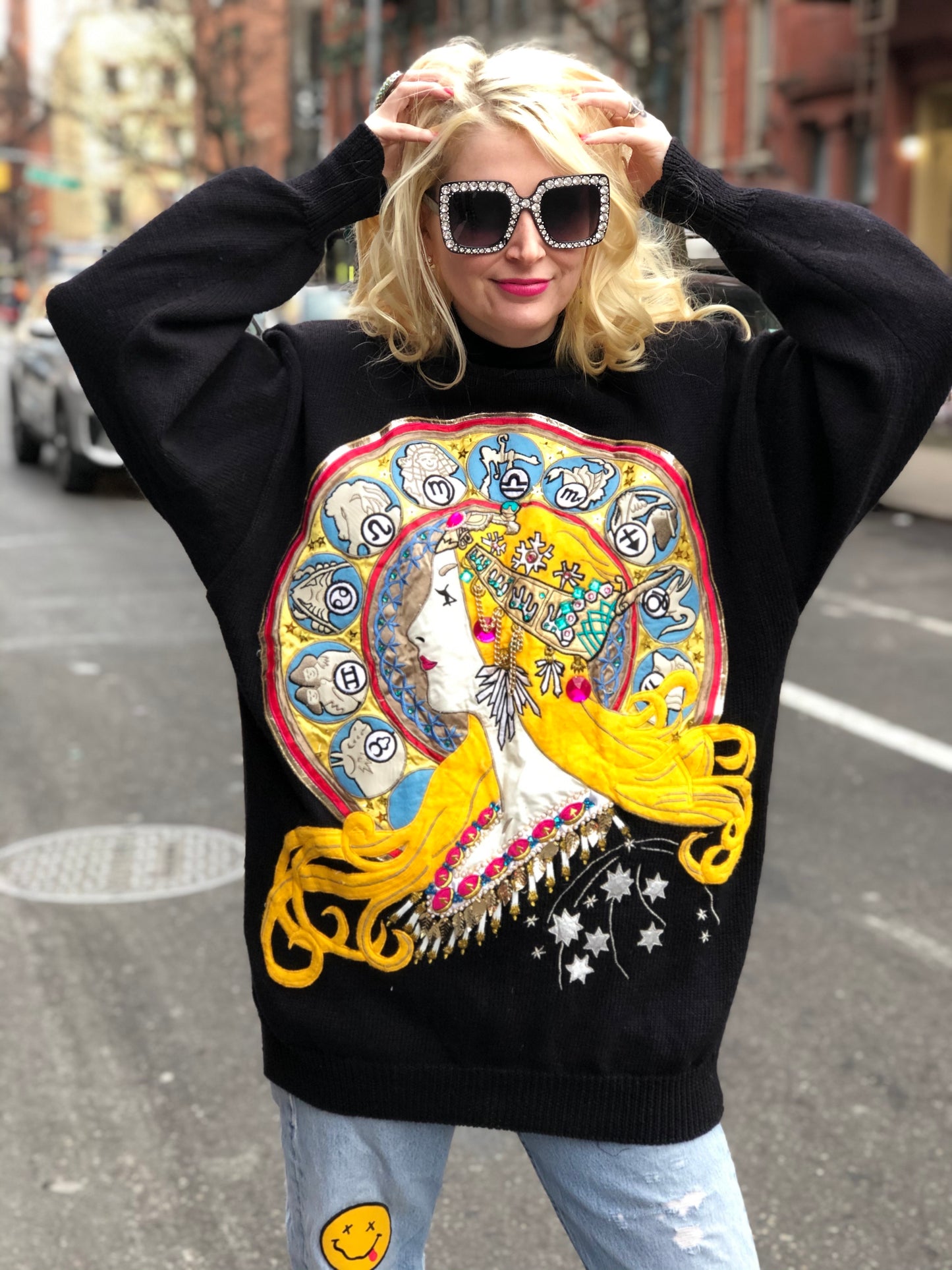 Vintage 80s Patchwork Bedazzled Astrology theme sweater - Spark Pretty