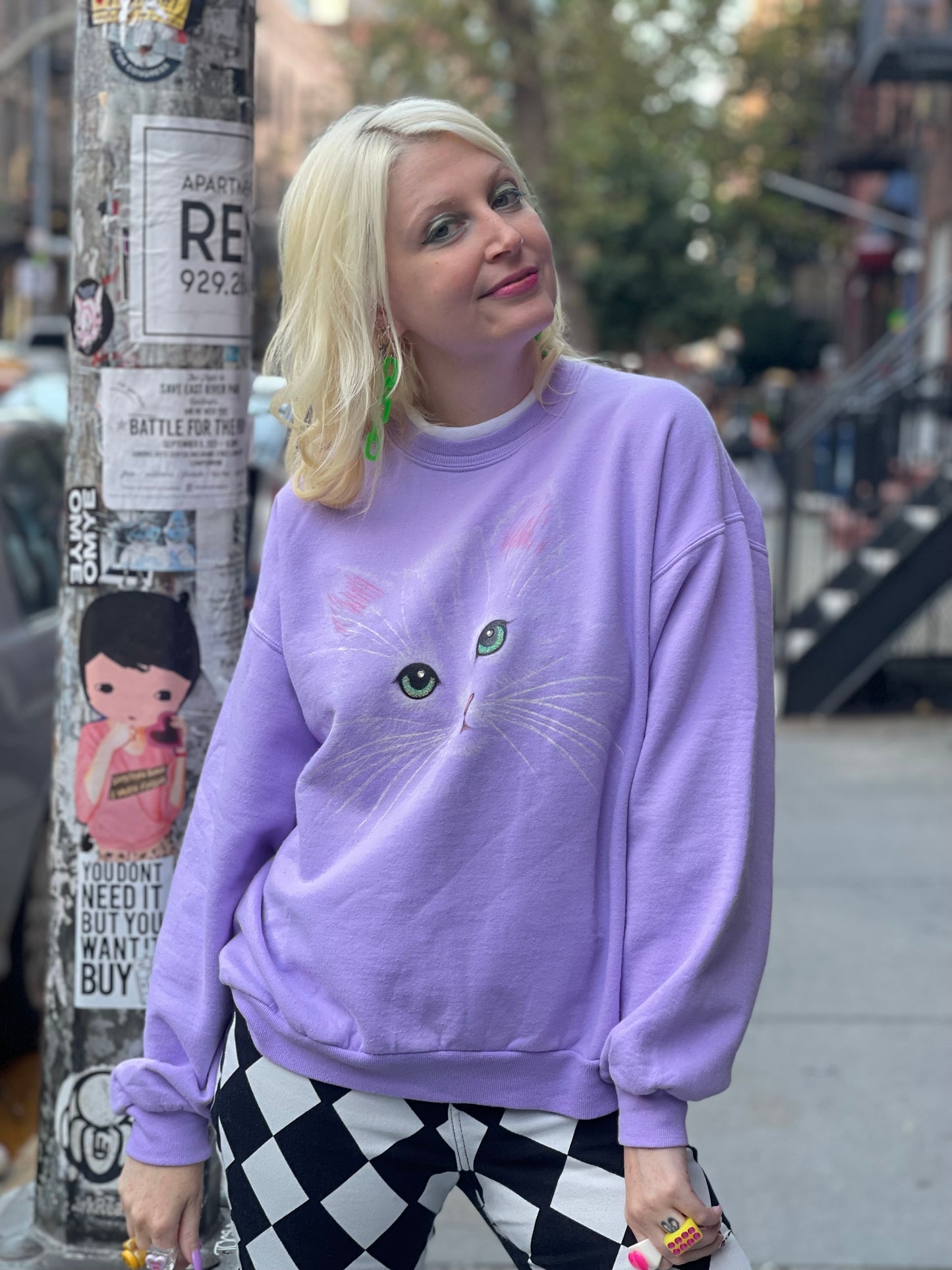 Vintage 80s Lavender Pastel Cat Sweatshirt - Spark Pretty