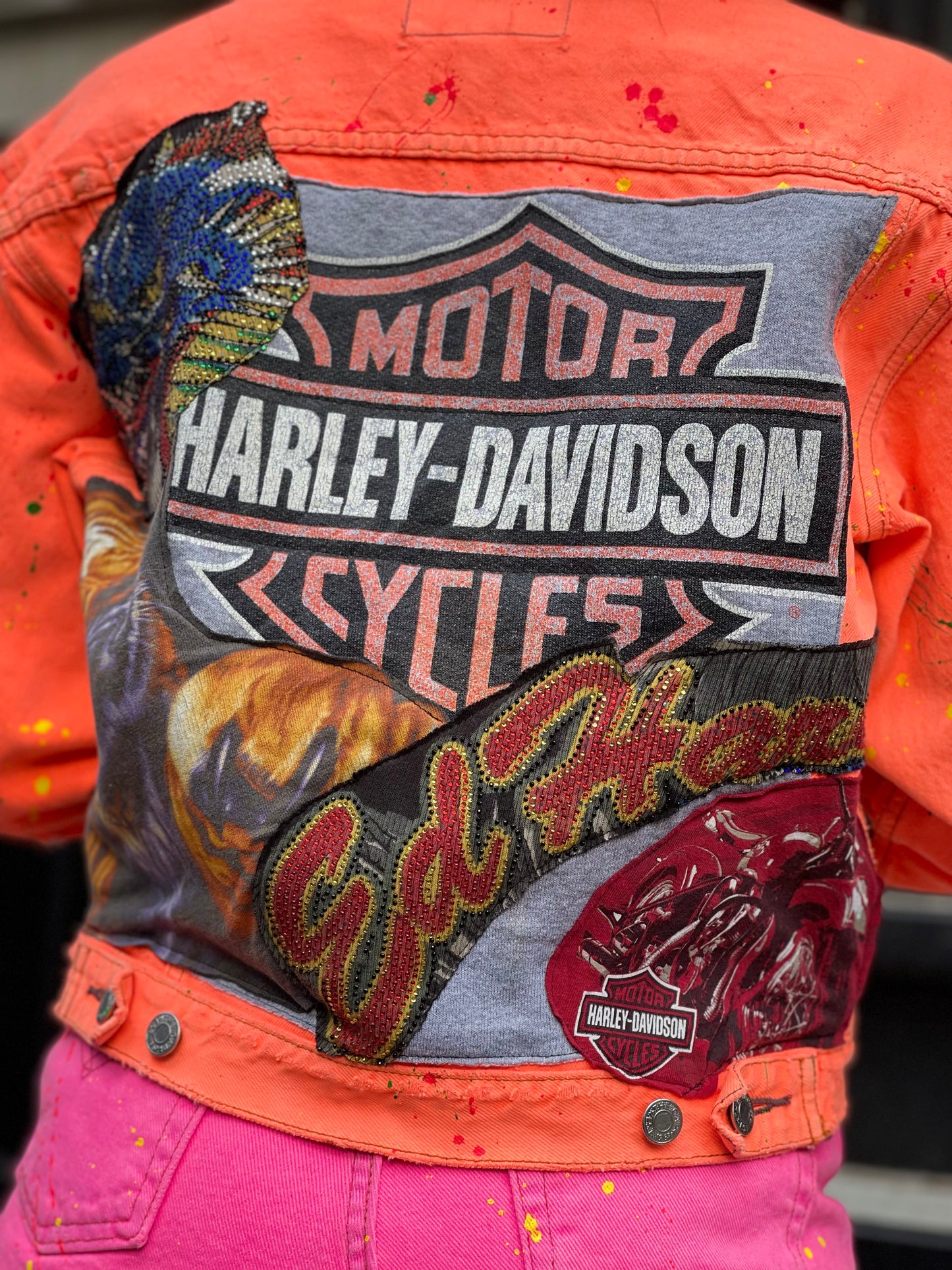 Reworked Patchwork Neon Orange Jean Jacket - Spark Pretty