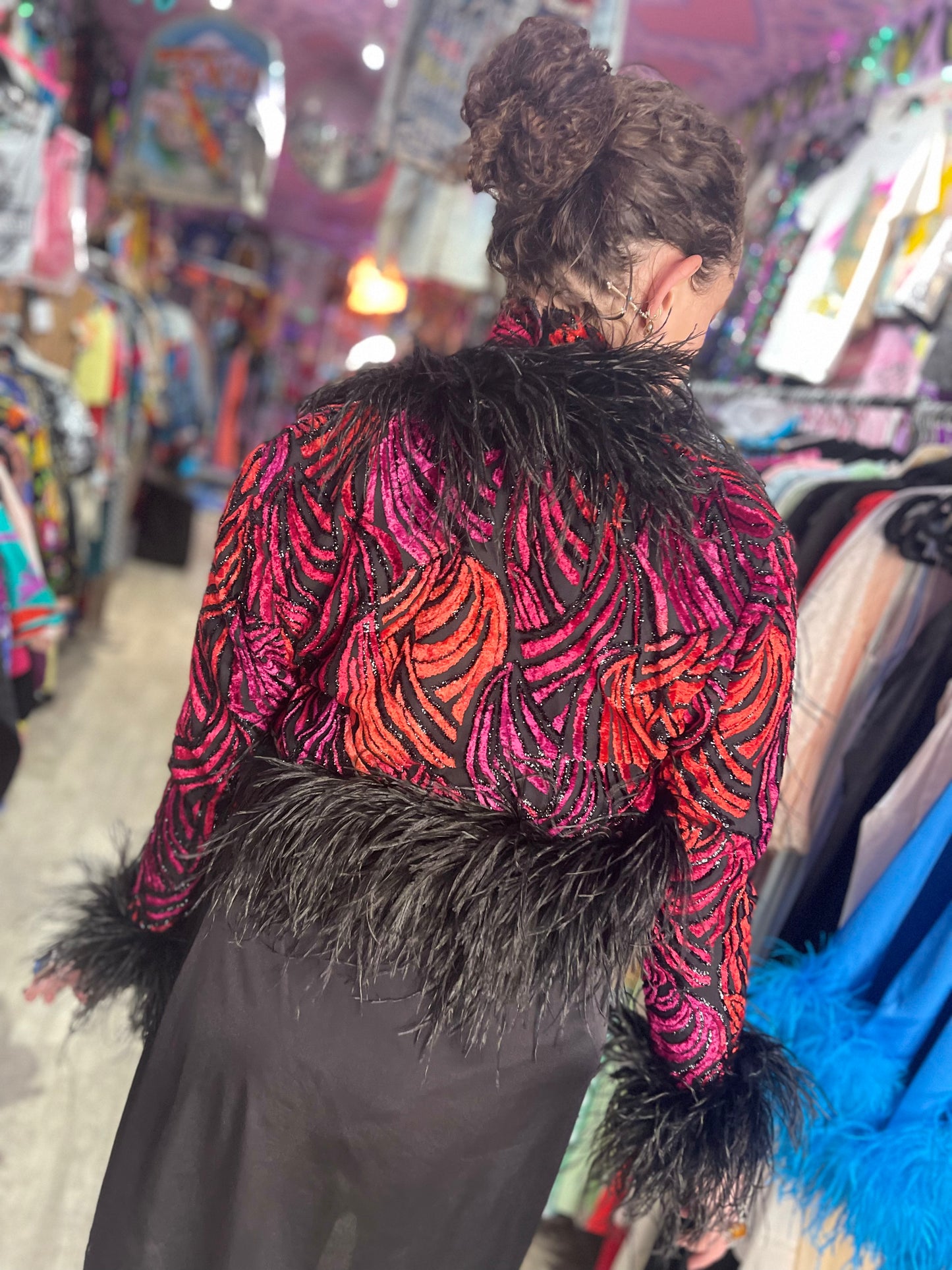 Vintage 70s 80s Feather Cuff Velvet Burnout Bolero Jacket - Spark Pretty