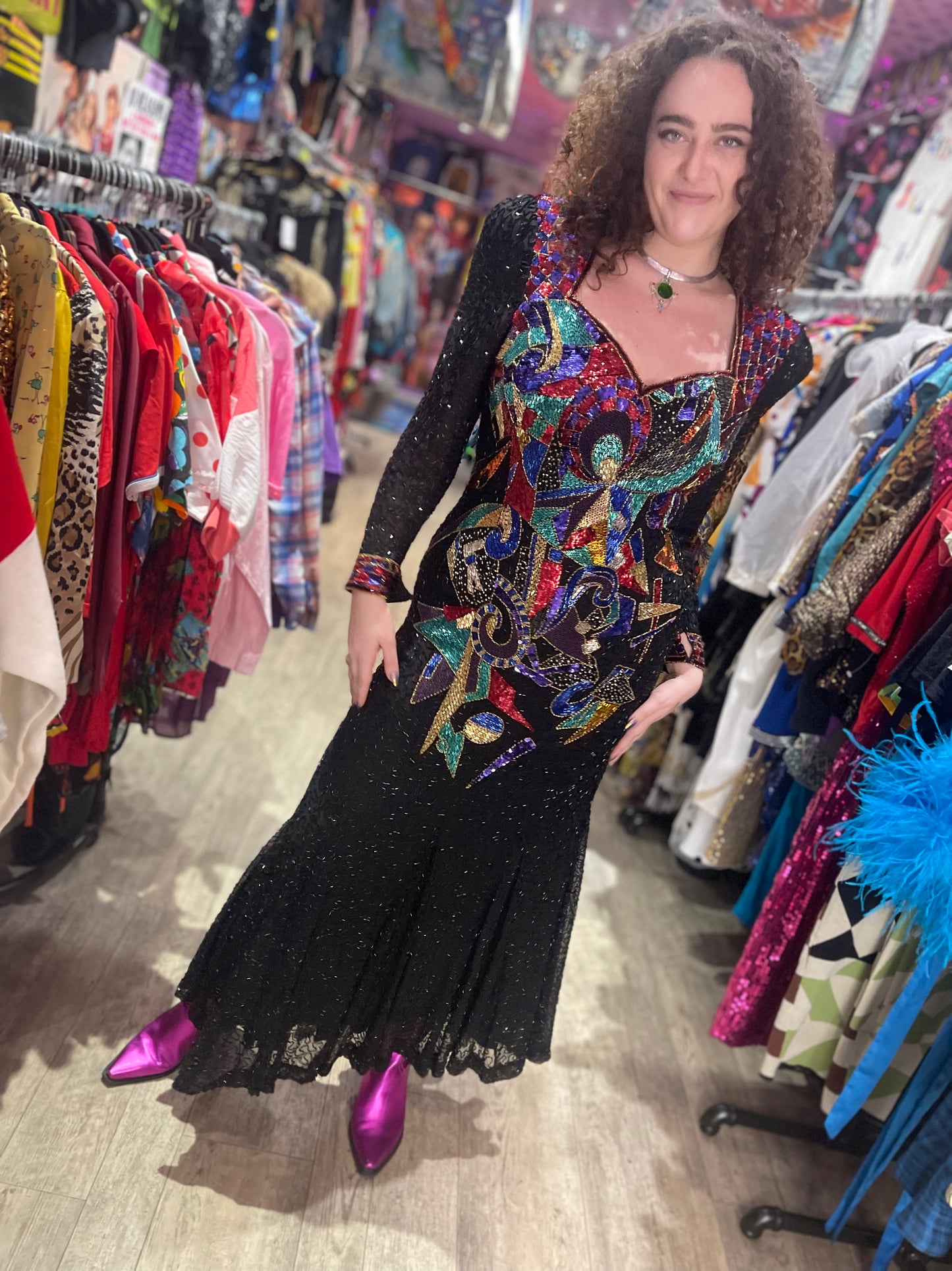 Vintage 80s Sequin Geometric Gown - Spark Pretty