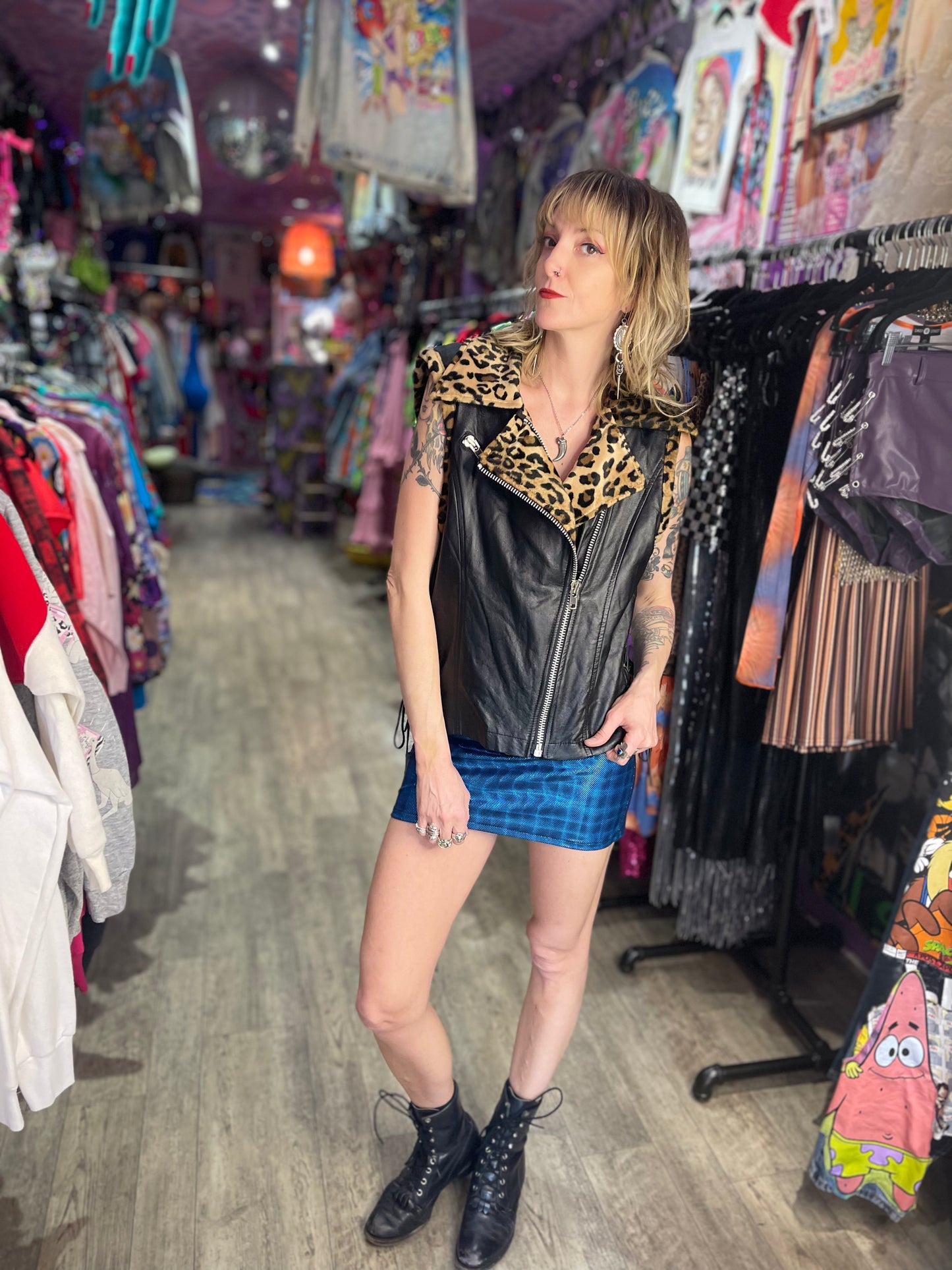 Vintage 90s Lip Service Faux Leather And Leopard Print Moto Vest - Spark Pretty