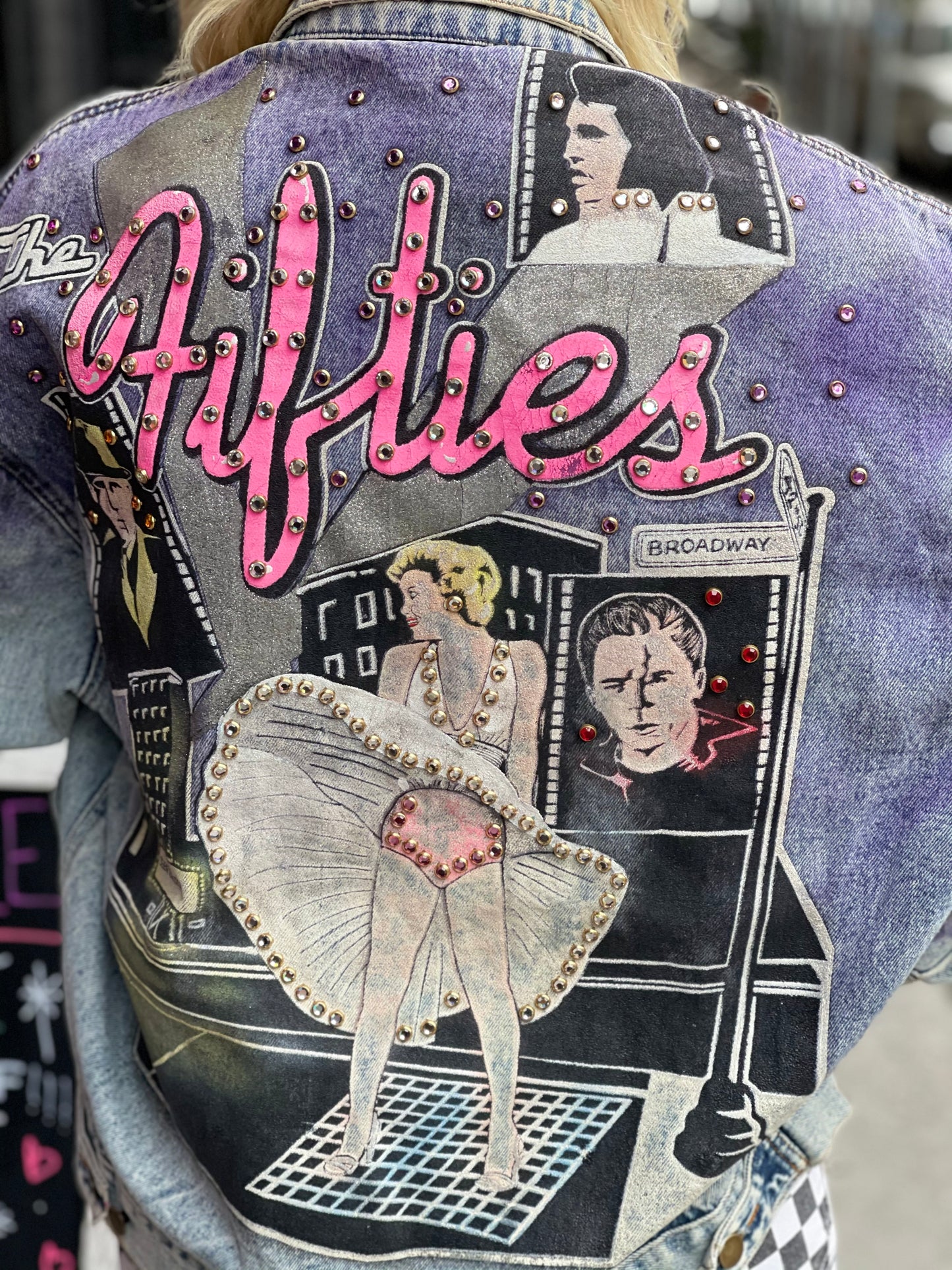 Vintage 80s Hand Painted and Bedazzled Fifties themed Jean Jacket - Spark Pretty
