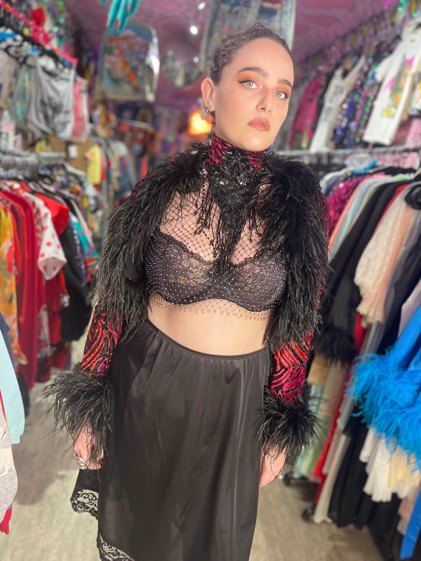 Vintage 70s 80s Feather Cuff Velvet Burnout Bolero Jacket - Spark Pretty