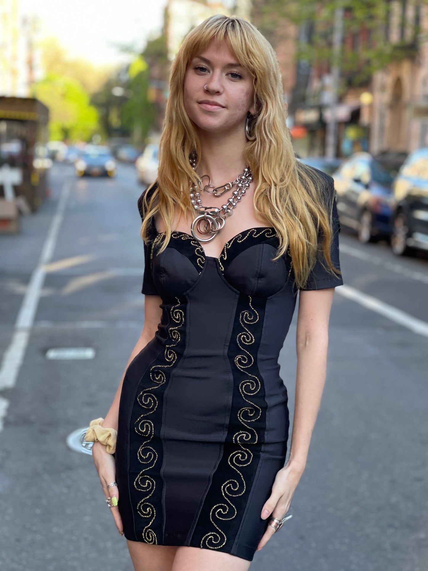 Vintage 90s Sexy Bodycon Black and Gold Mini Dress - Spark Pretty