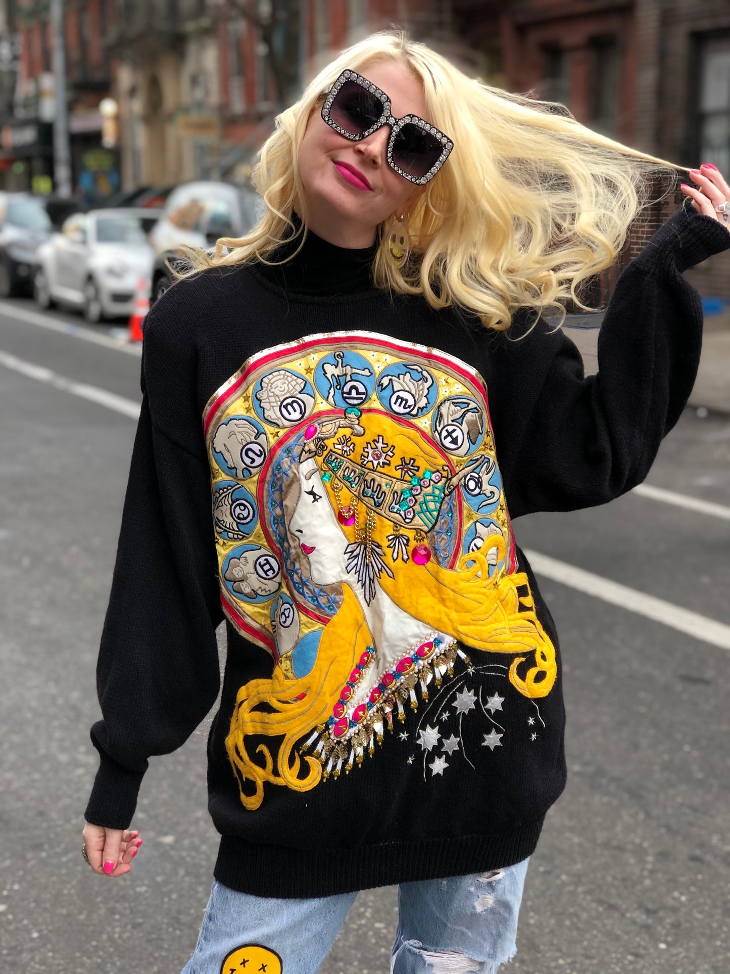 Vintage 80s Patchwork Bedazzled Astrology theme sweater - Spark Pretty