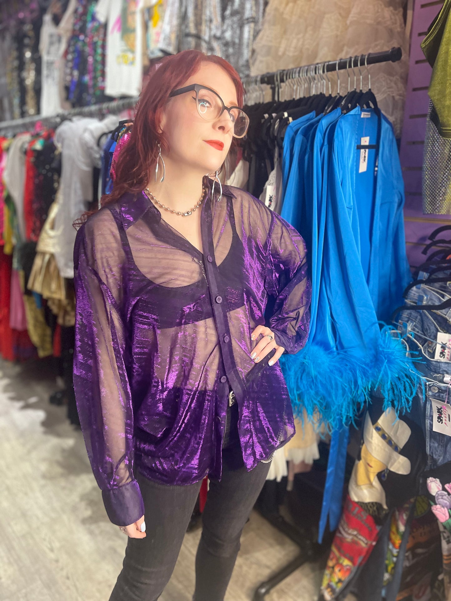 Vintage 90s Shiny Sparkly Sheer Purple Long Sleeve Shirt - Spark Pretty