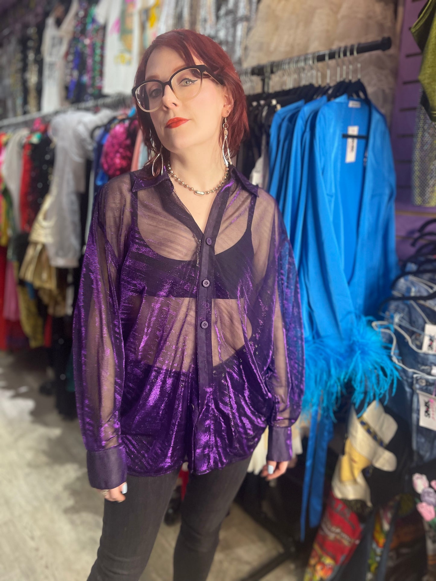Vintage 90s Shiny Sparkly Sheer Purple Long Sleeve Shirt - Spark Pretty