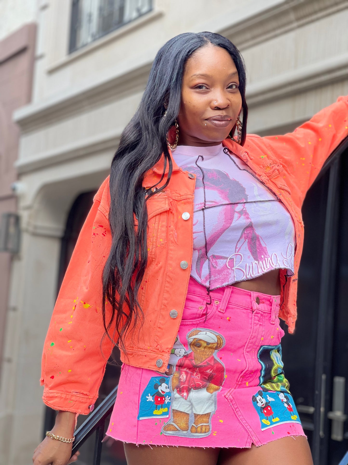 Reworked Patchwork Neon Orange Jean Jacket - Spark Pretty