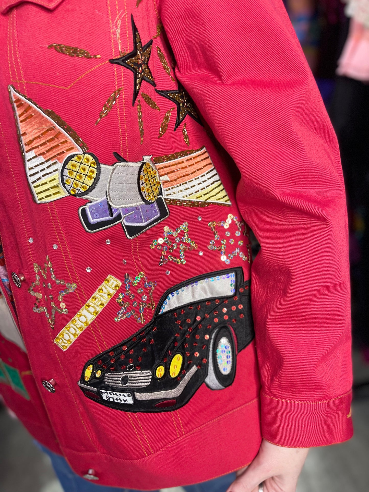 Vintage 90s Hollywood Theme Sequin Denim Jacket - Spark Pretty