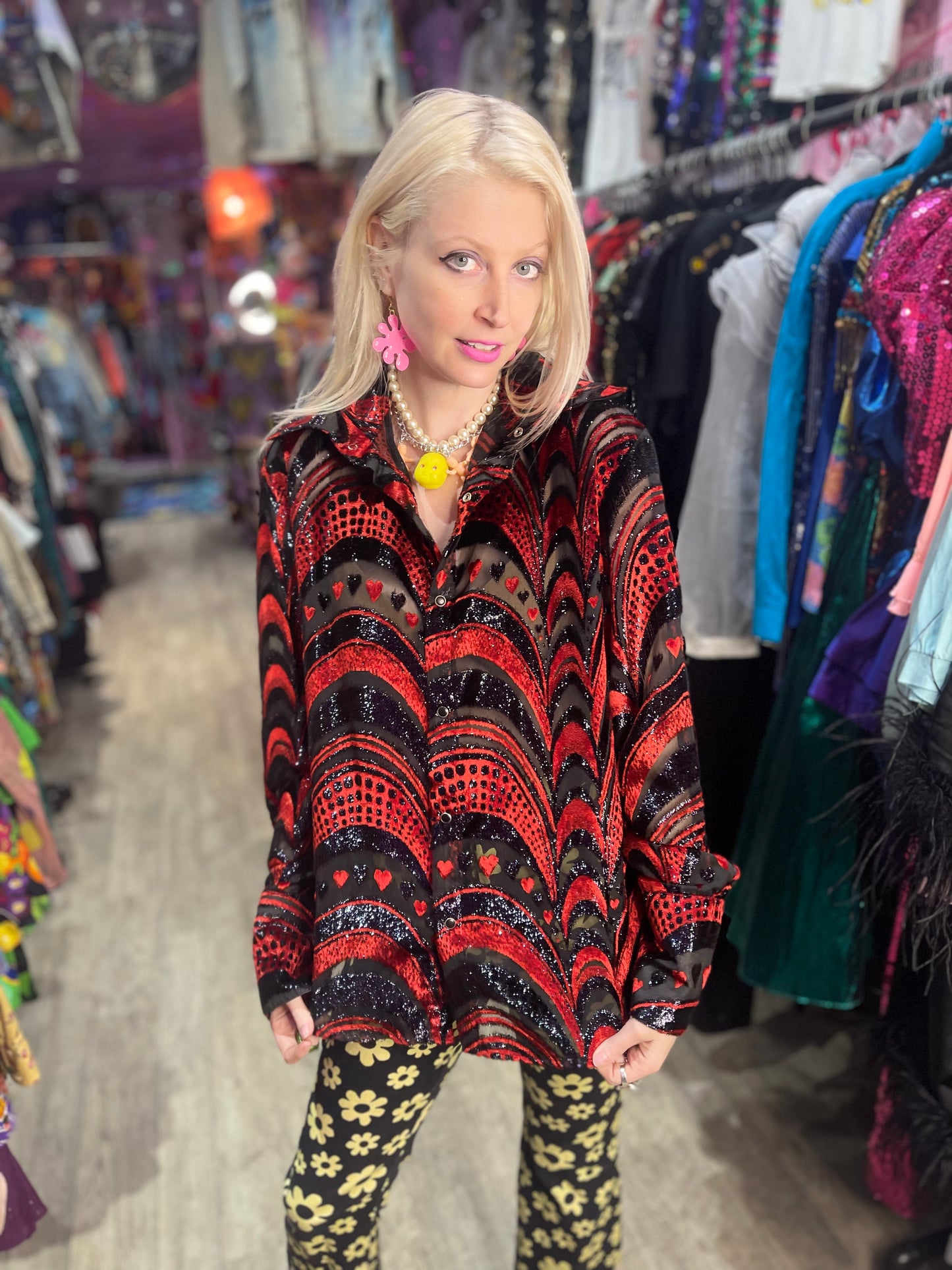 Vintage 90s Red and Black Burnout Hearts Shirt - Spark Pretty