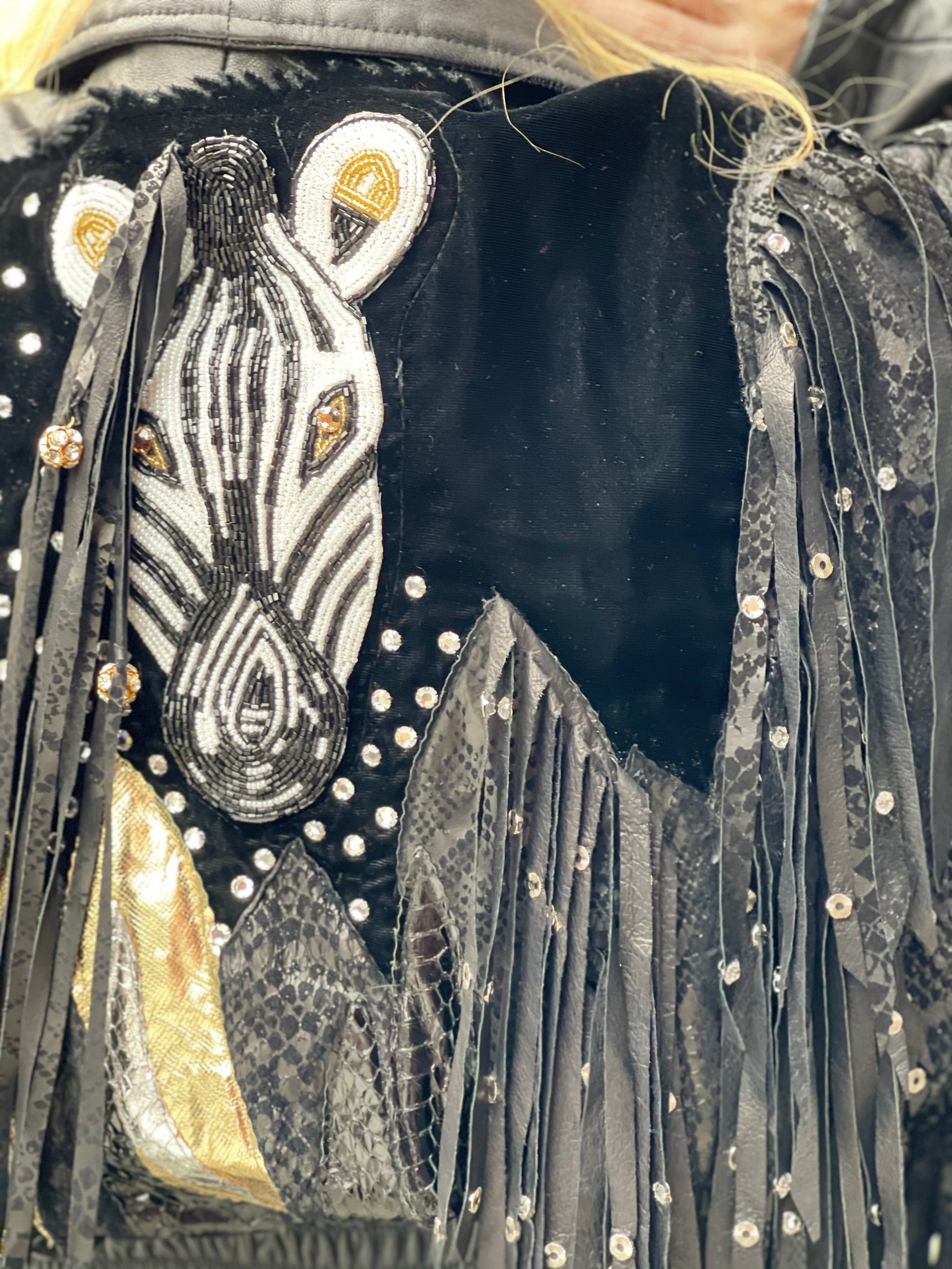 Vintage 80s Leather Fringe Metallic Rhinestone Sequin Zebra Jacket - Spark Pretty