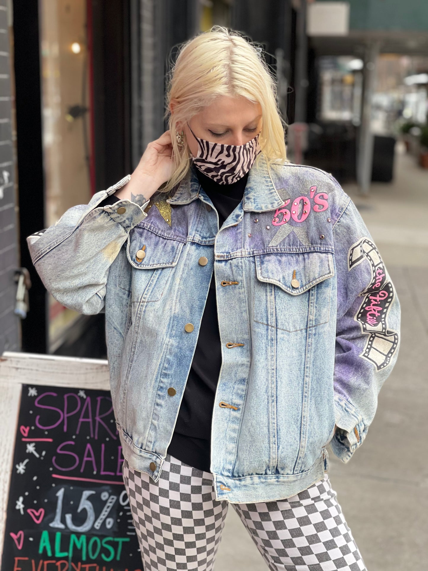 Vintage 80s Hand Painted and Bedazzled Fifties themed Jean Jacket - Spark Pretty