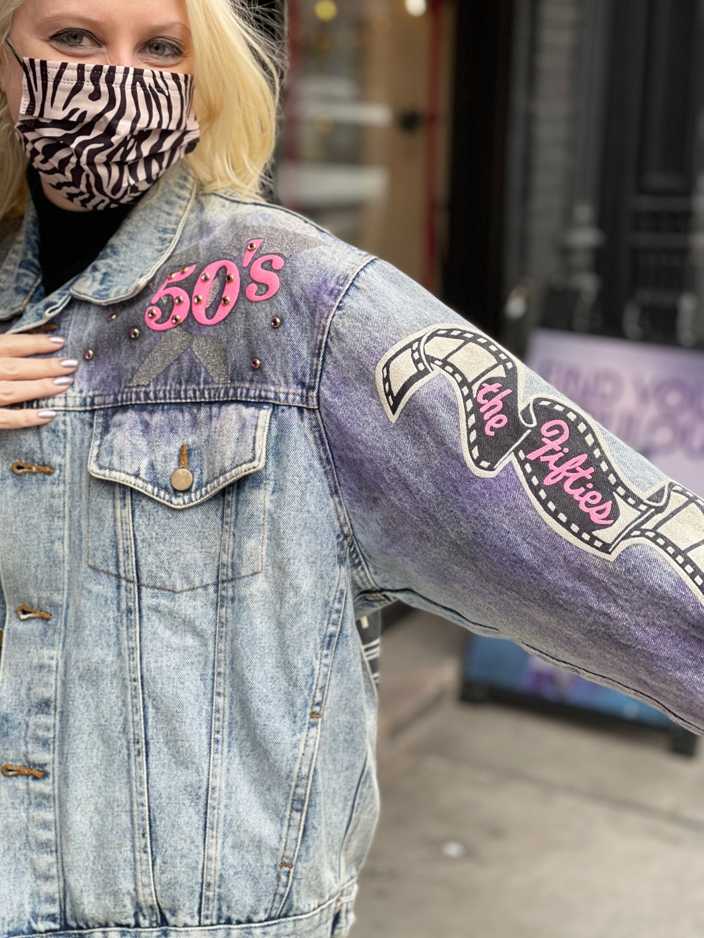 Vintage 80s Hand Painted and Bedazzled Fifties themed Jean Jacket - Spark Pretty