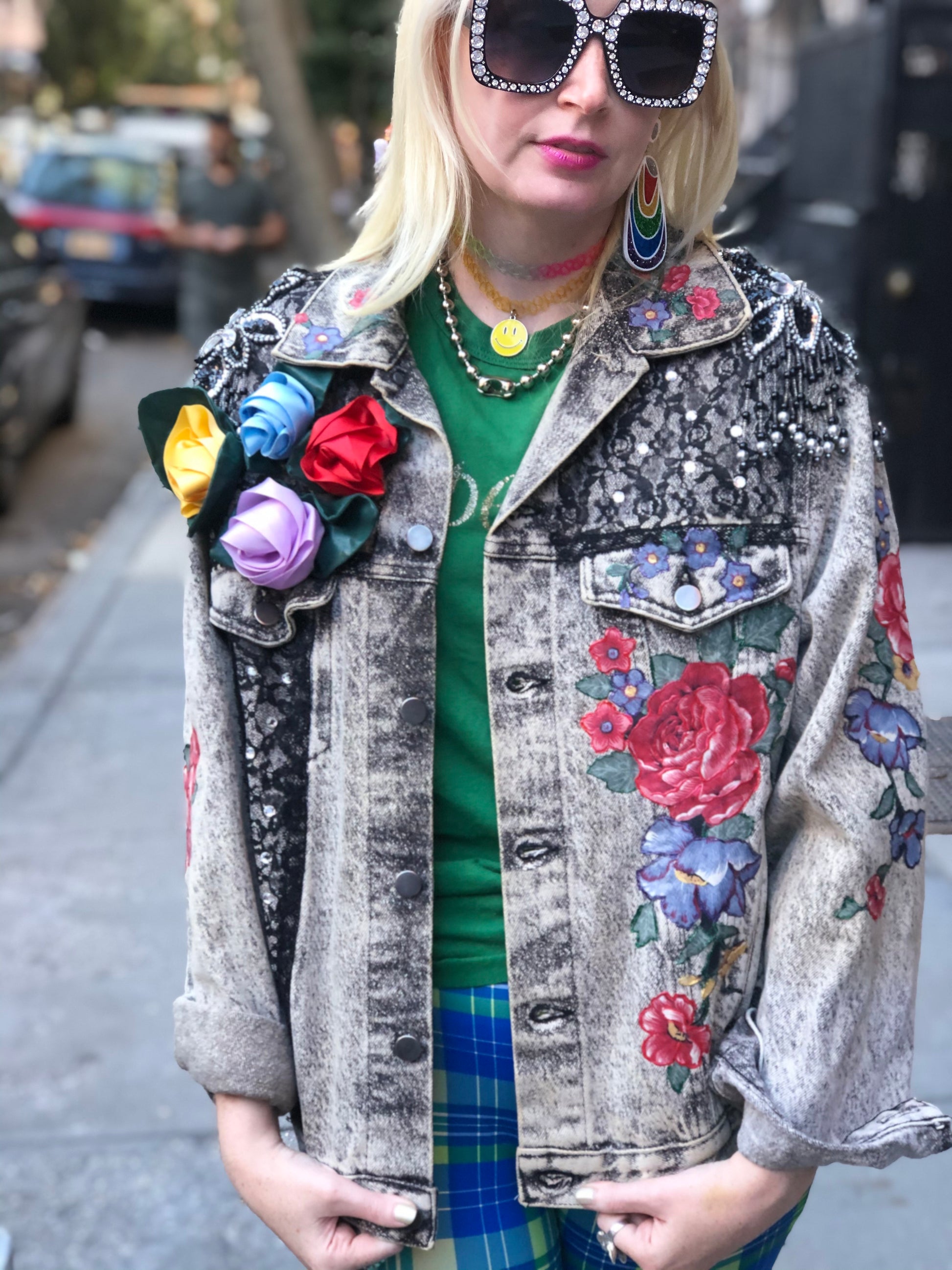 Vintage 80s One of a Kind Patchwork Bedazzled Acid Wash Jean Jacket - Spark Pretty