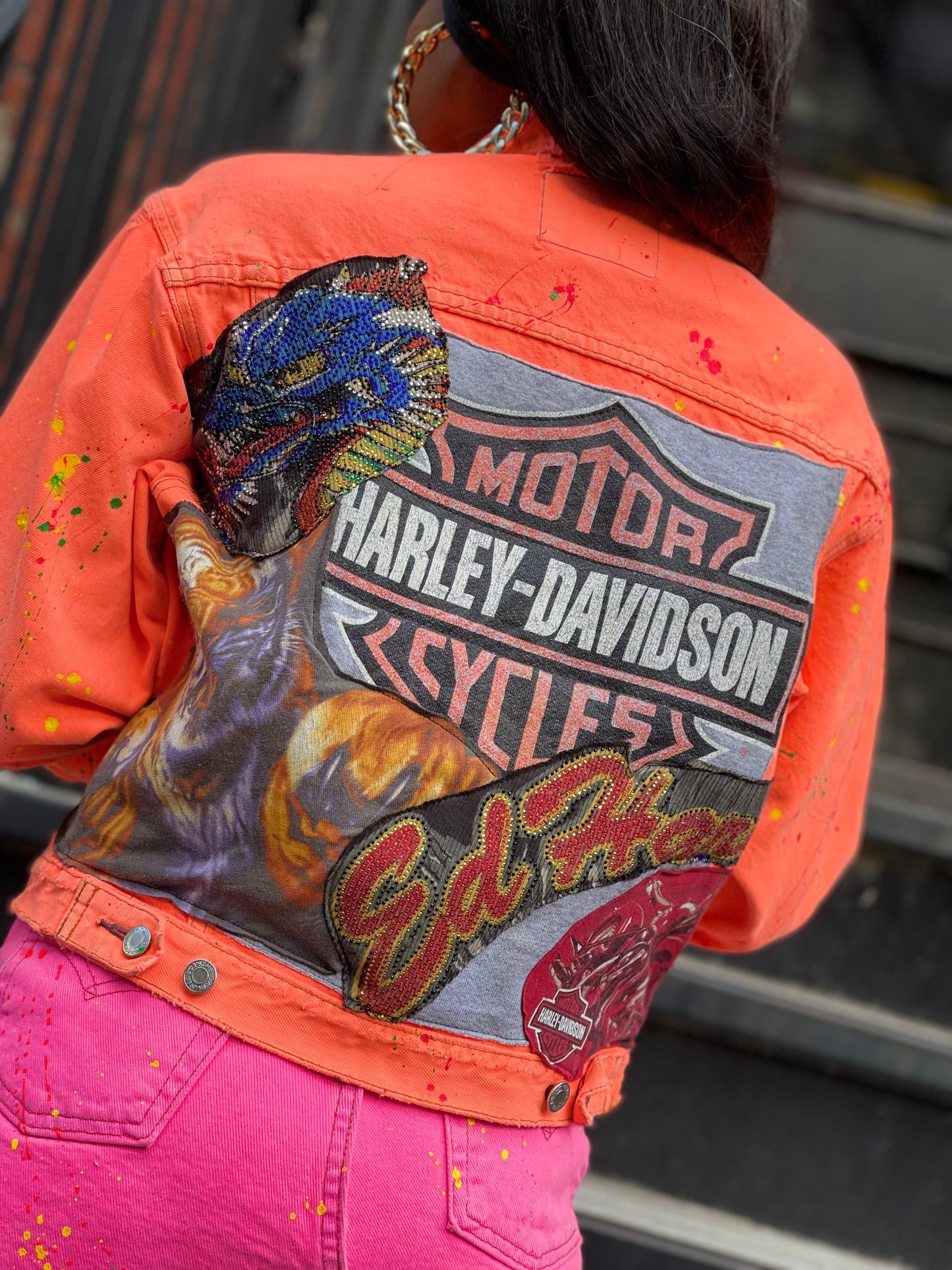Reworked Patchwork Neon Orange Jean Jacket - Spark Pretty