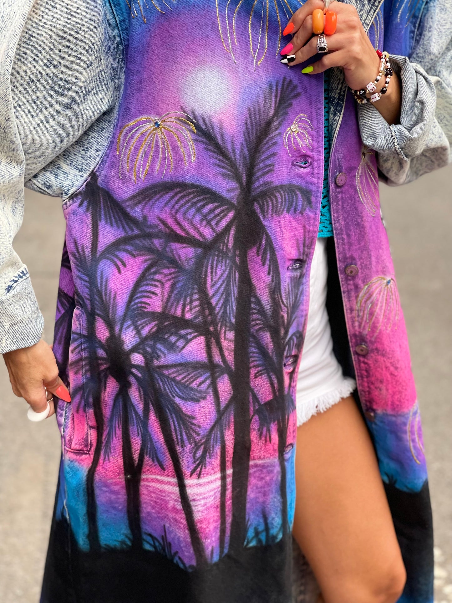 Vintage 80s Custom Airbrushed and Bedazzled Aloha Denim Coat - Spark Pretty