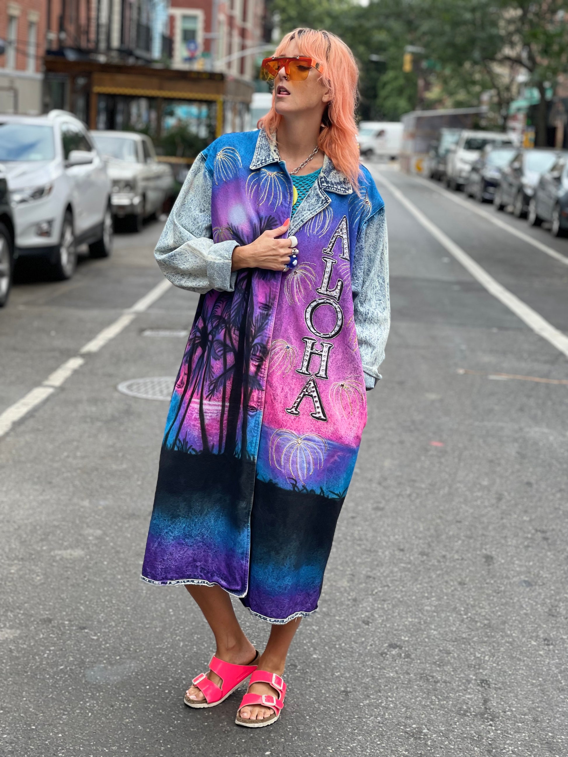 Vintage 80s Custom Airbrushed and Bedazzled Aloha Denim Coat - Spark Pretty