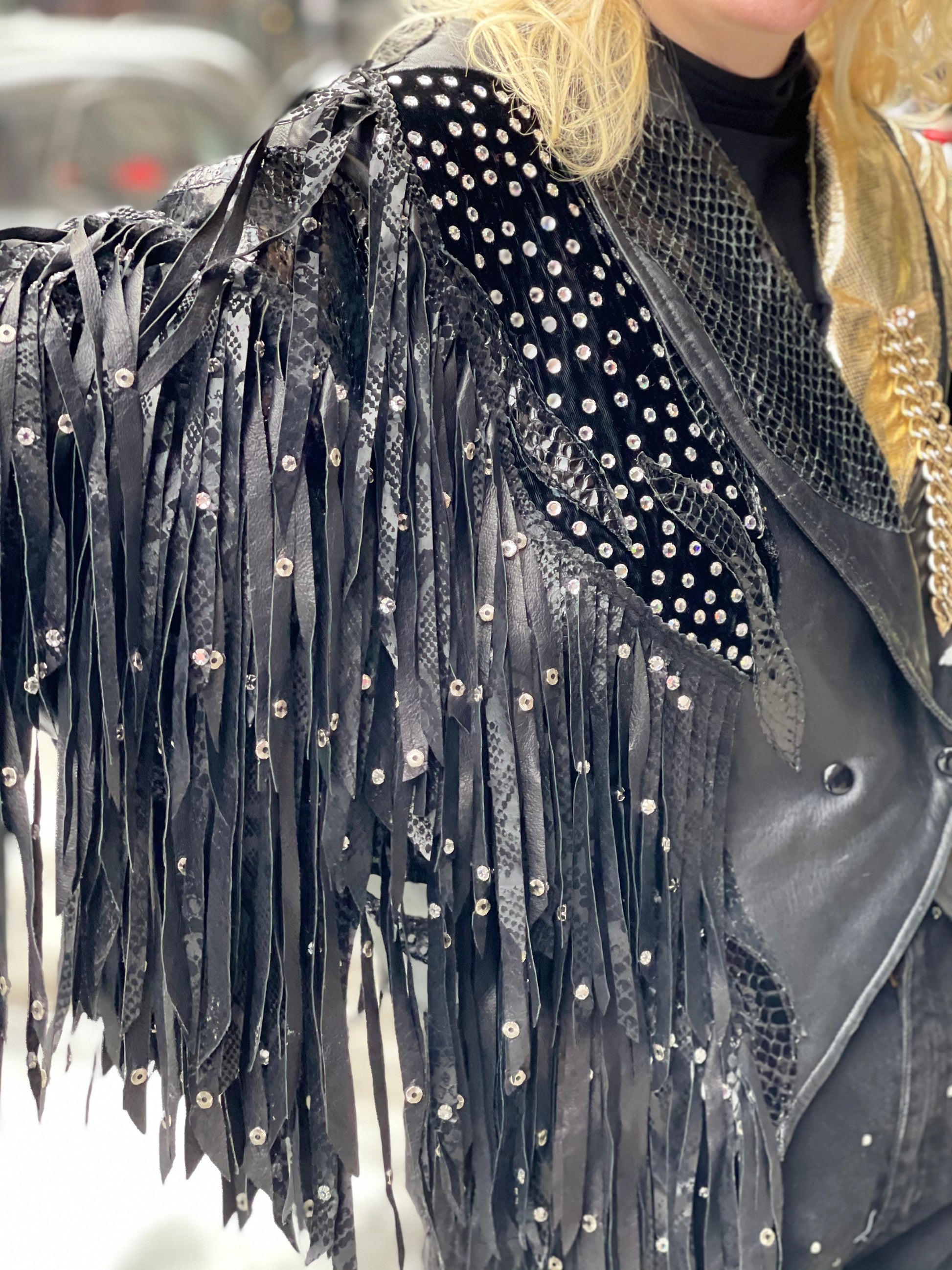 Vintage 80s Leather Fringe Metallic Rhinestone Sequin Zebra Jacket - Spark Pretty