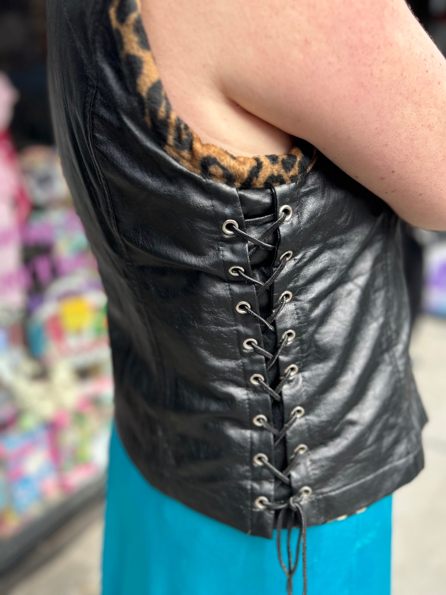 Vintage 90s Lip Service Faux Leather And Leopard Print Moto Vest - Spark Pretty